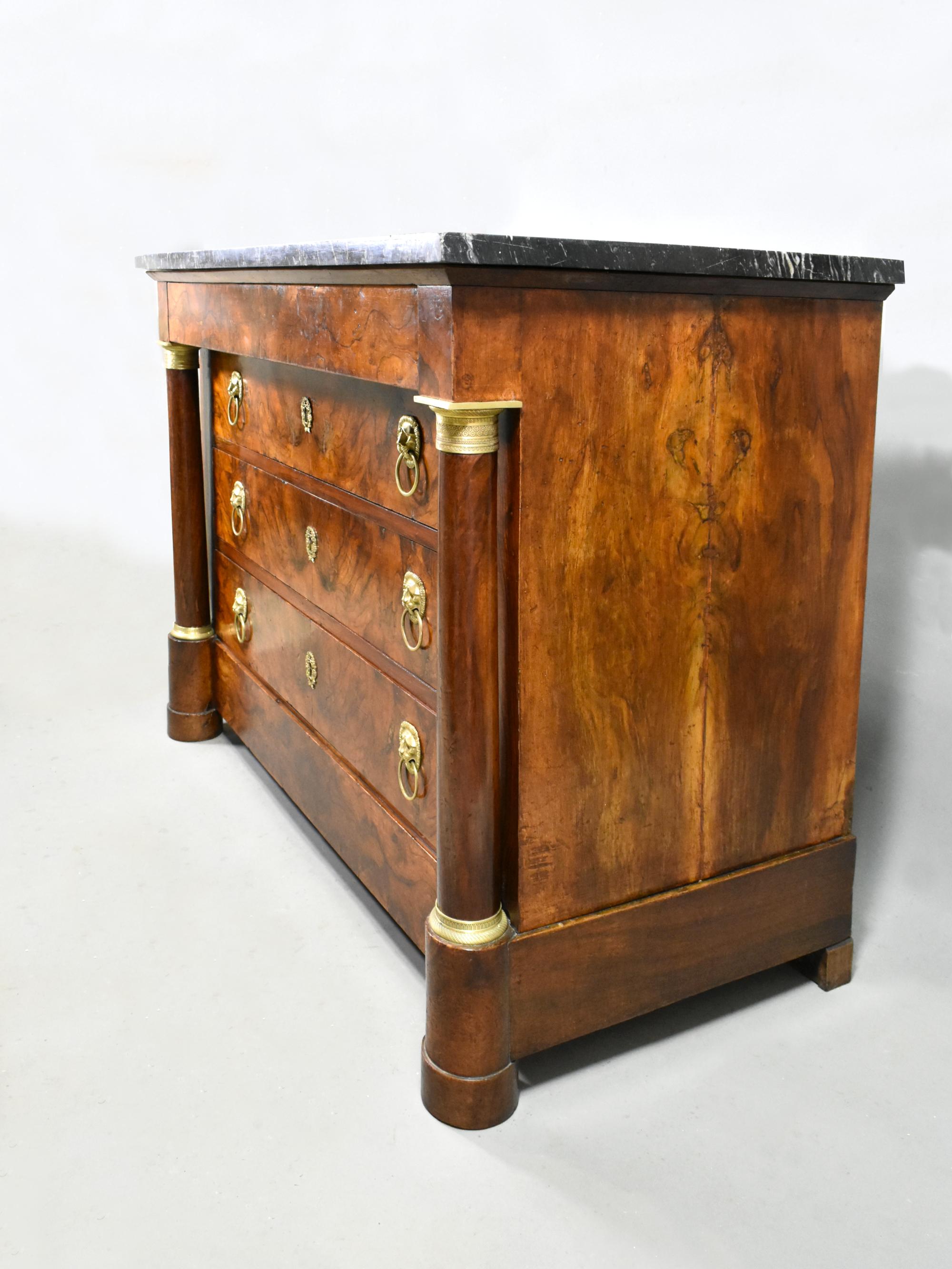 Turned Antique French Empire Walnut Commode Early 19th Century