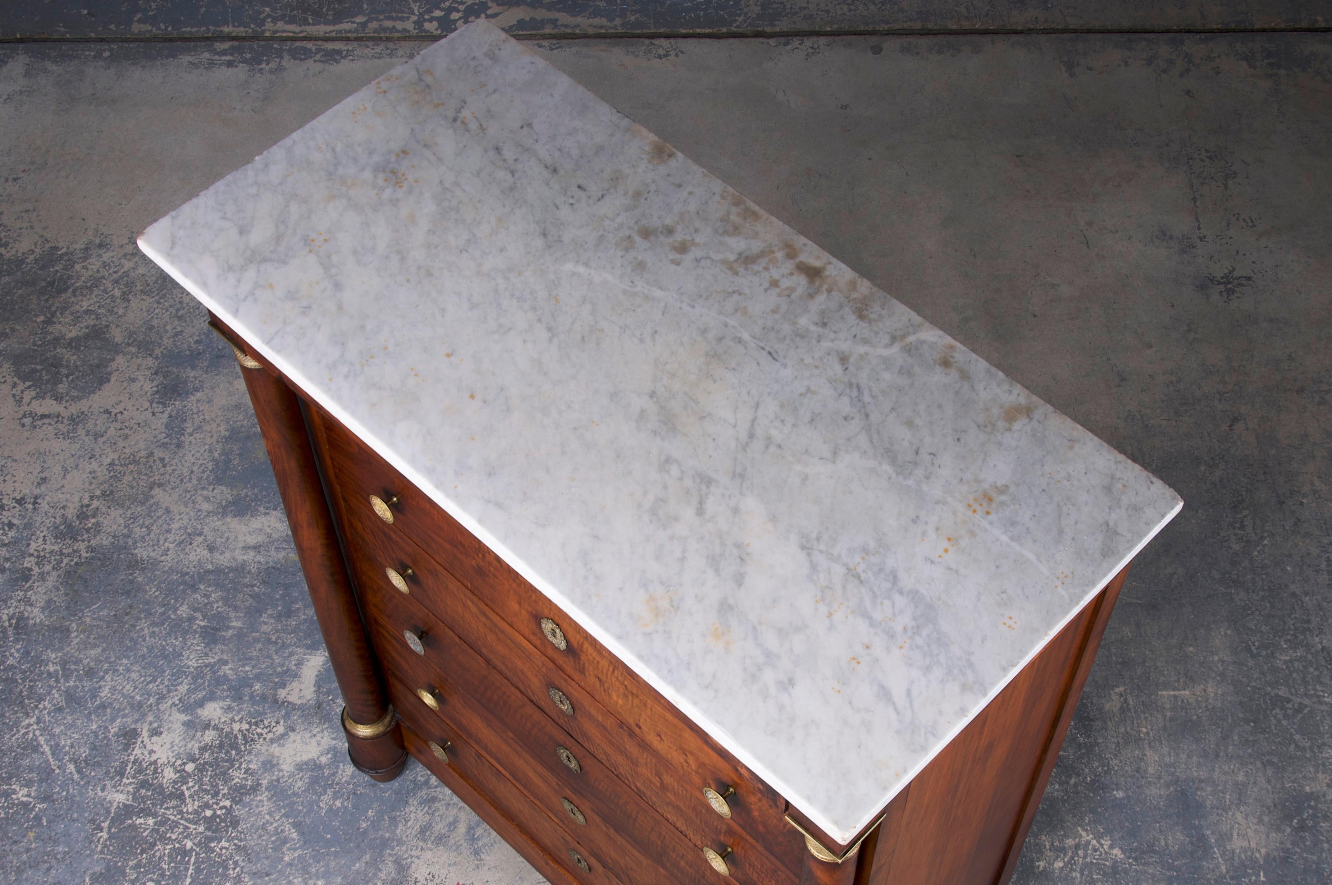 Antique French Empire Walnut Tall Chest of Drawers W/ White Marble Top 4