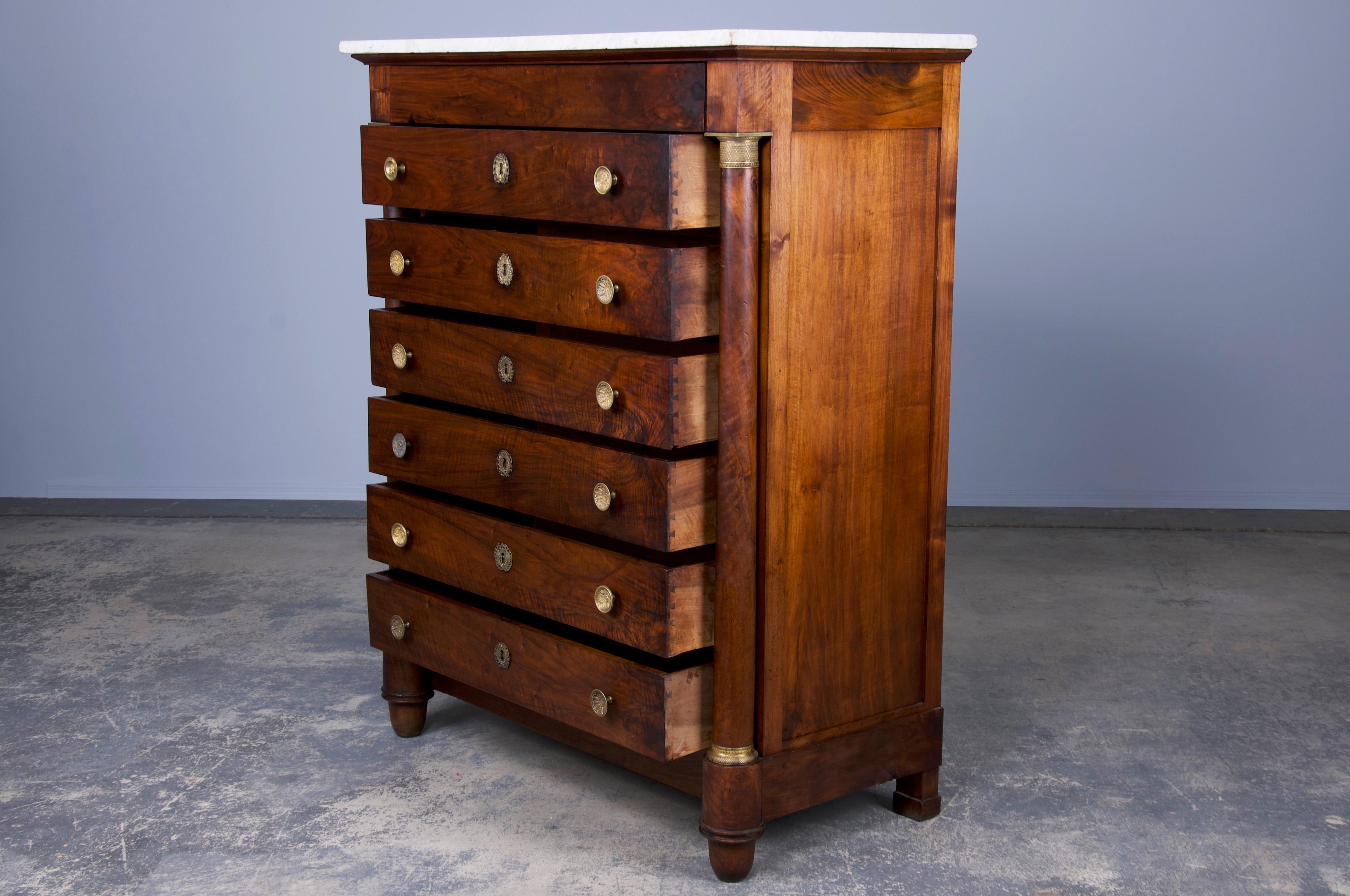 Antique French Empire Walnut Tall Chest of Drawers W/ White Marble Top 5