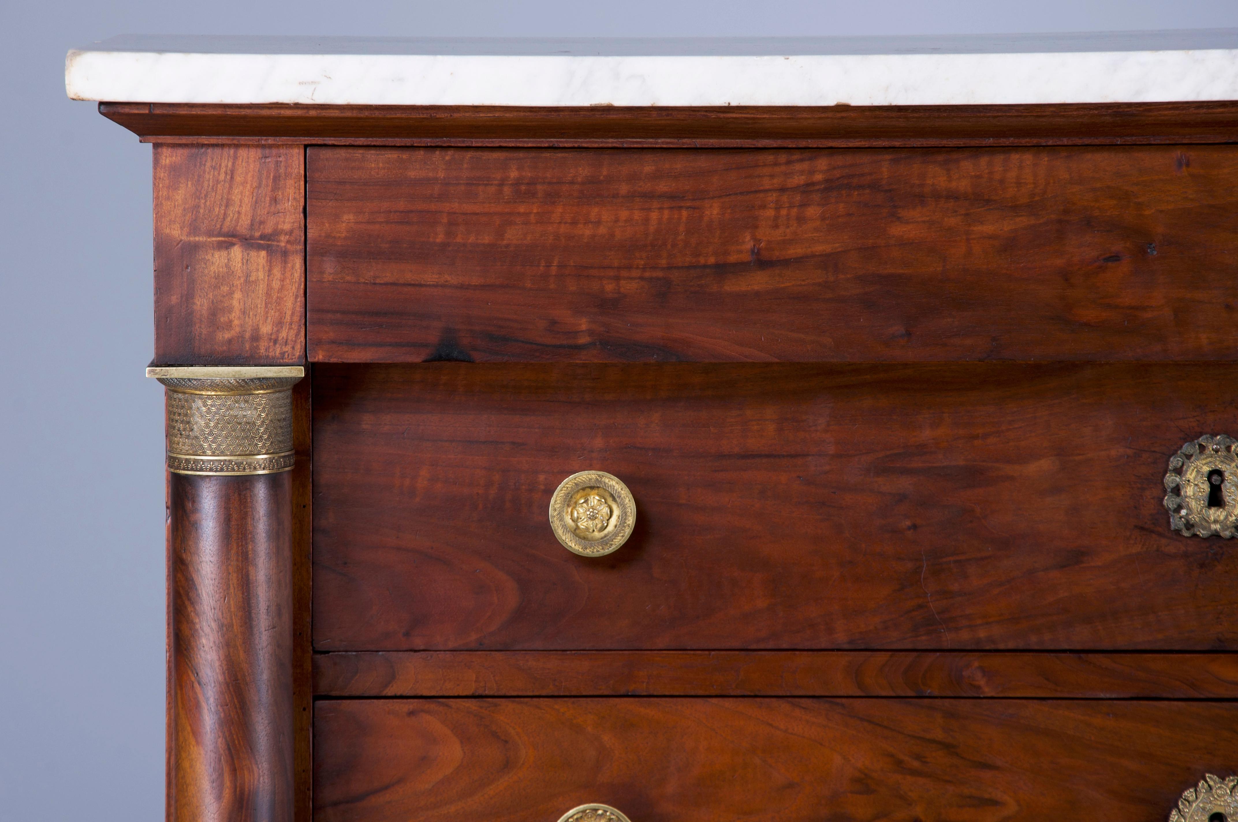 Hand-Carved Antique French Empire Walnut Tall Chest of Drawers W/ White Marble Top