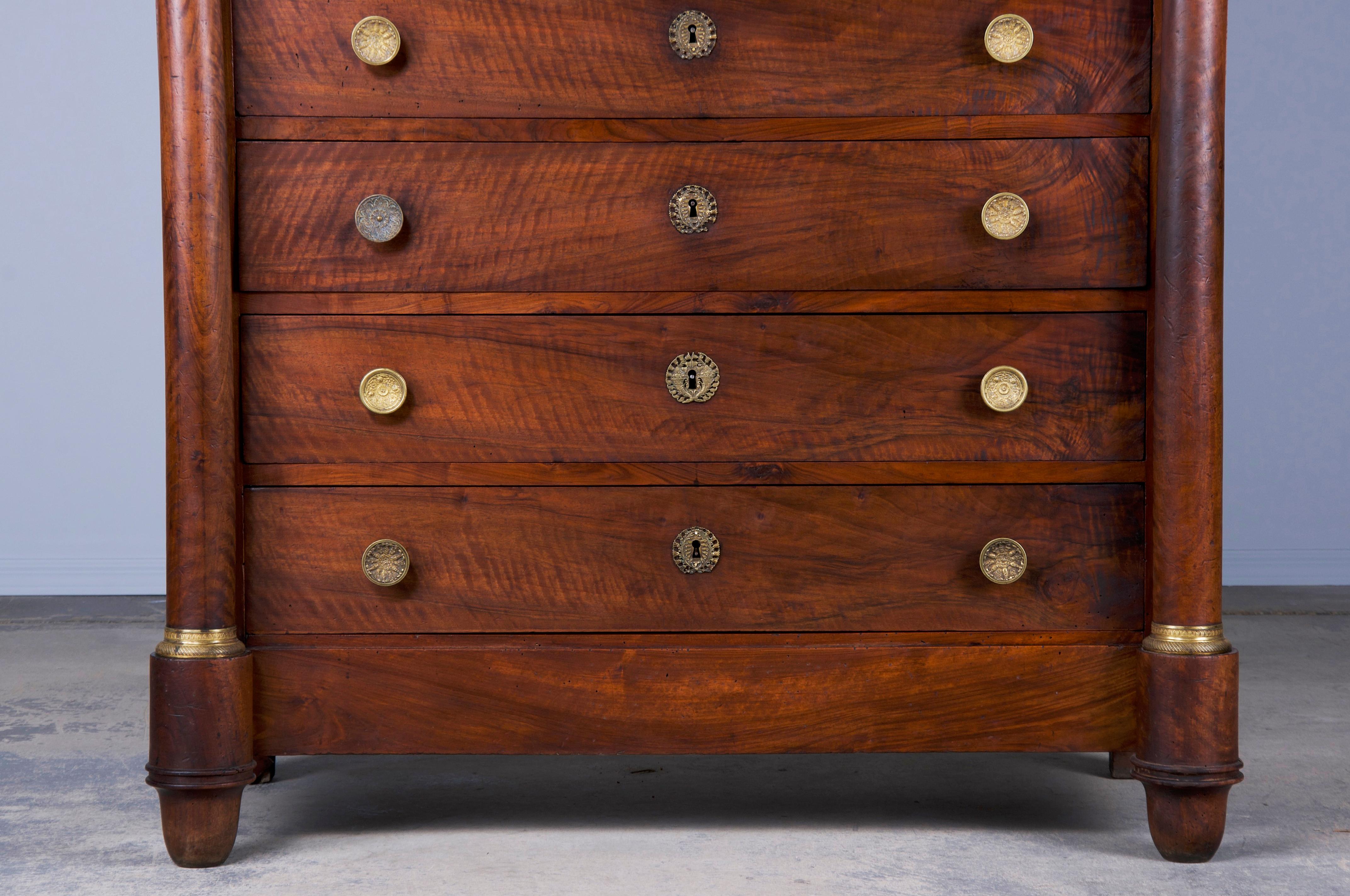 Antique French Empire Walnut Tall Chest of Drawers W/ White Marble Top In Good Condition In Astoria, NY