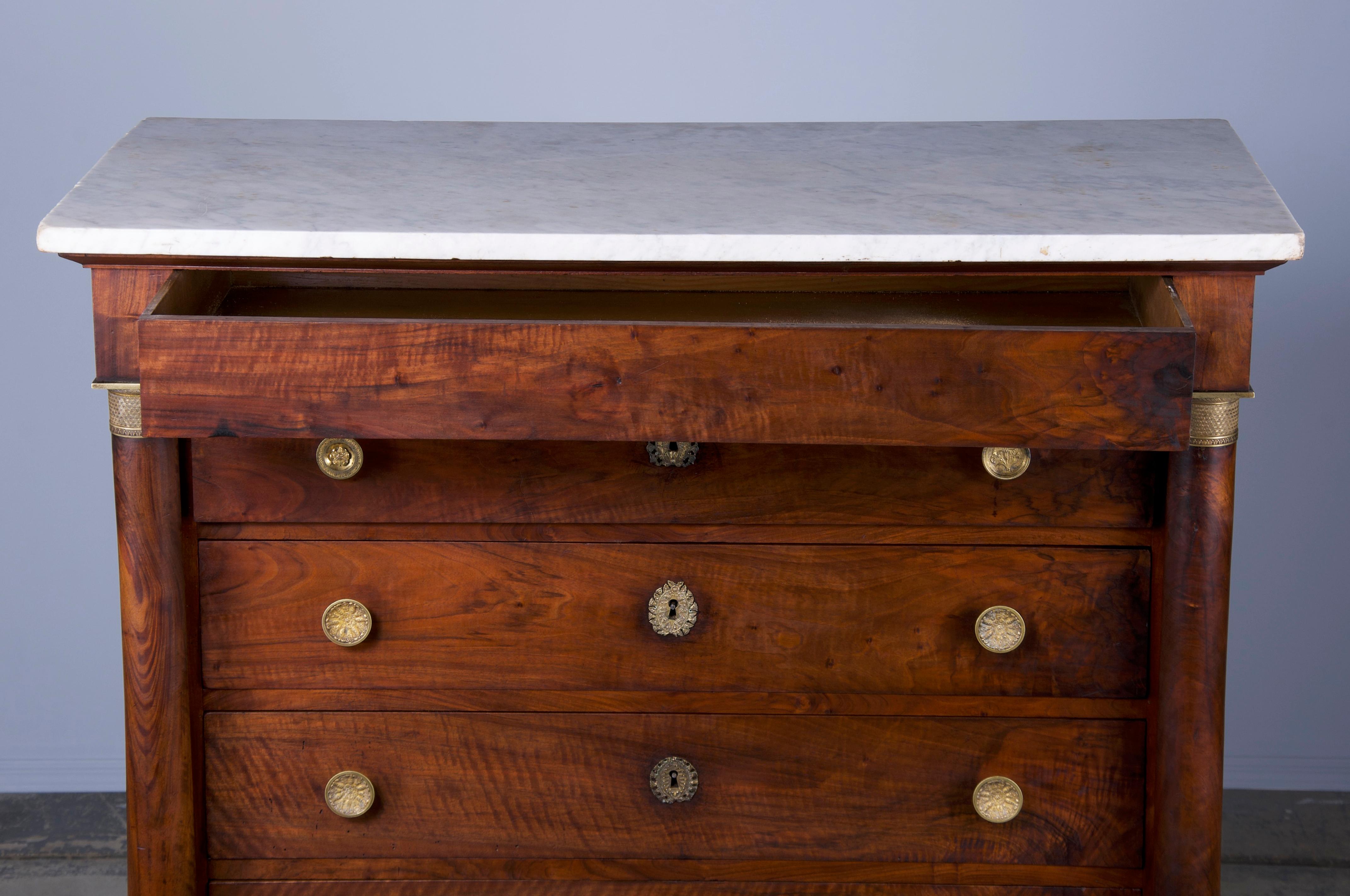 Brass Antique French Empire Walnut Tall Chest of Drawers W/ White Marble Top
