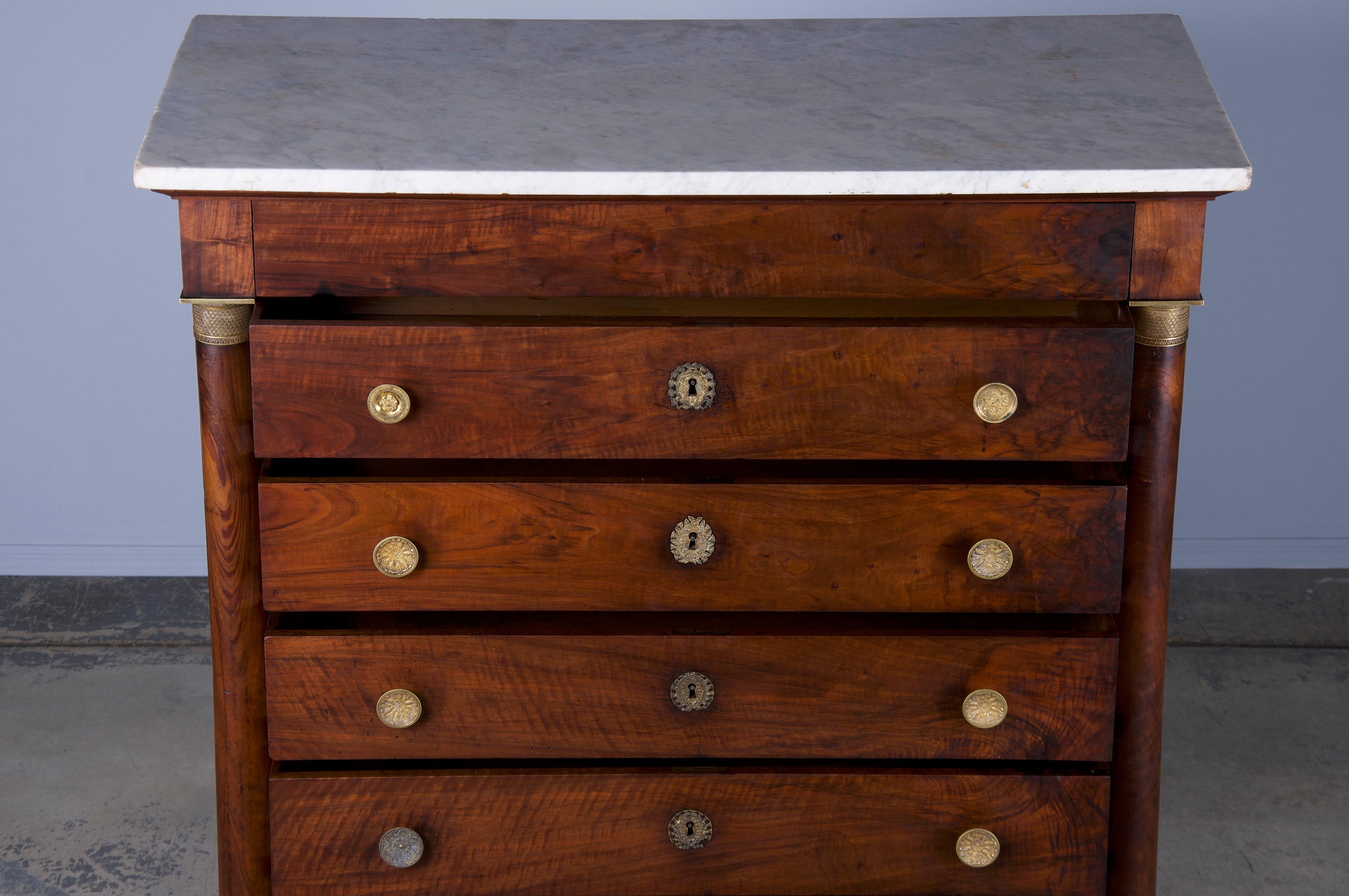 Antique French Empire Walnut Tall Chest of Drawers W/ White Marble Top 2