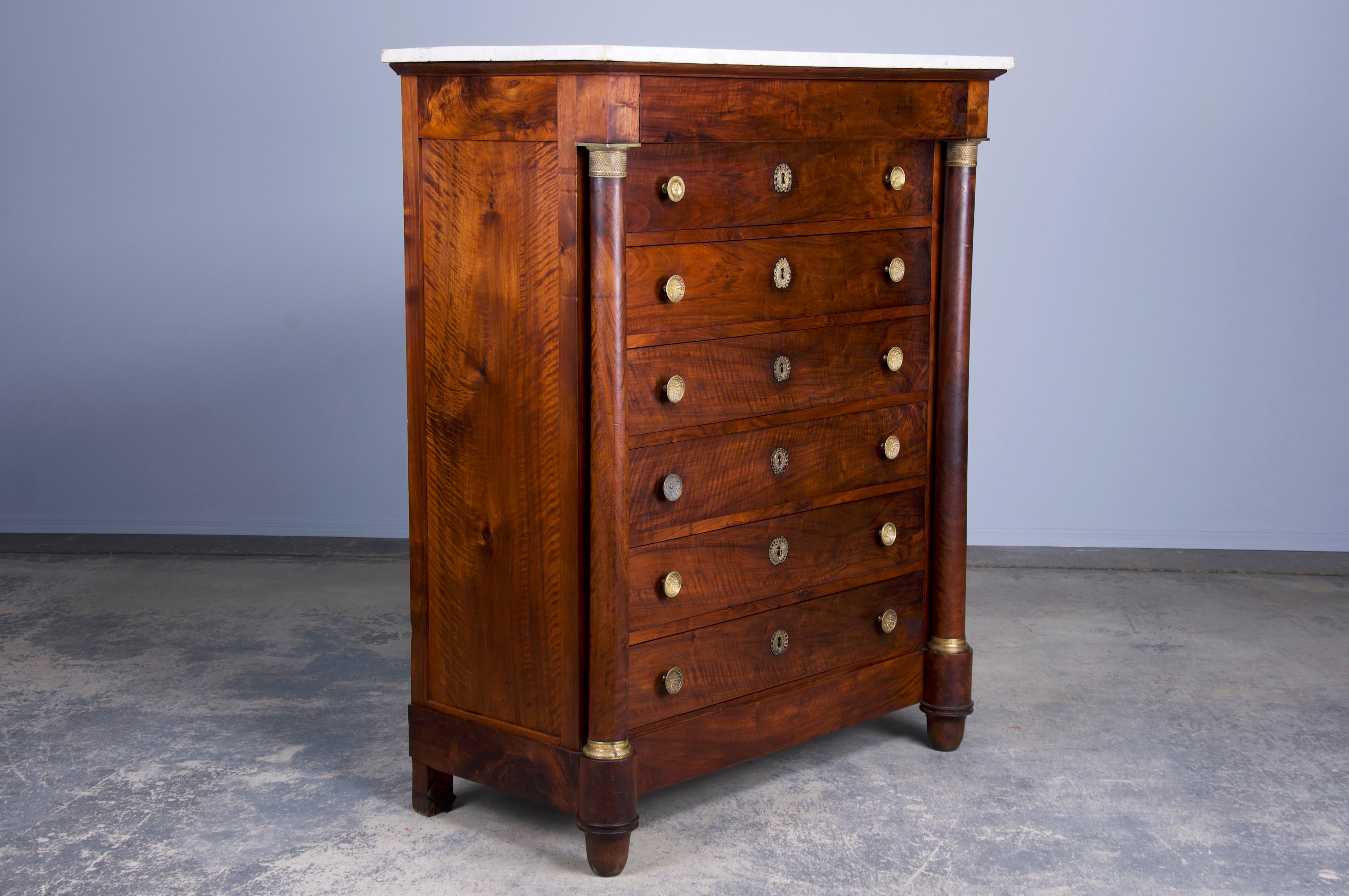 Antique French Empire Walnut Tall Chest of Drawers W/ White Marble Top 3