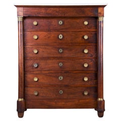 Antique French Empire Walnut Tall Chest of Drawers W/ White Marble Top