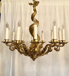 Antique French "Empress Eugenie" Gold Bronze 12 Light Chandelier, Circa 1890's.