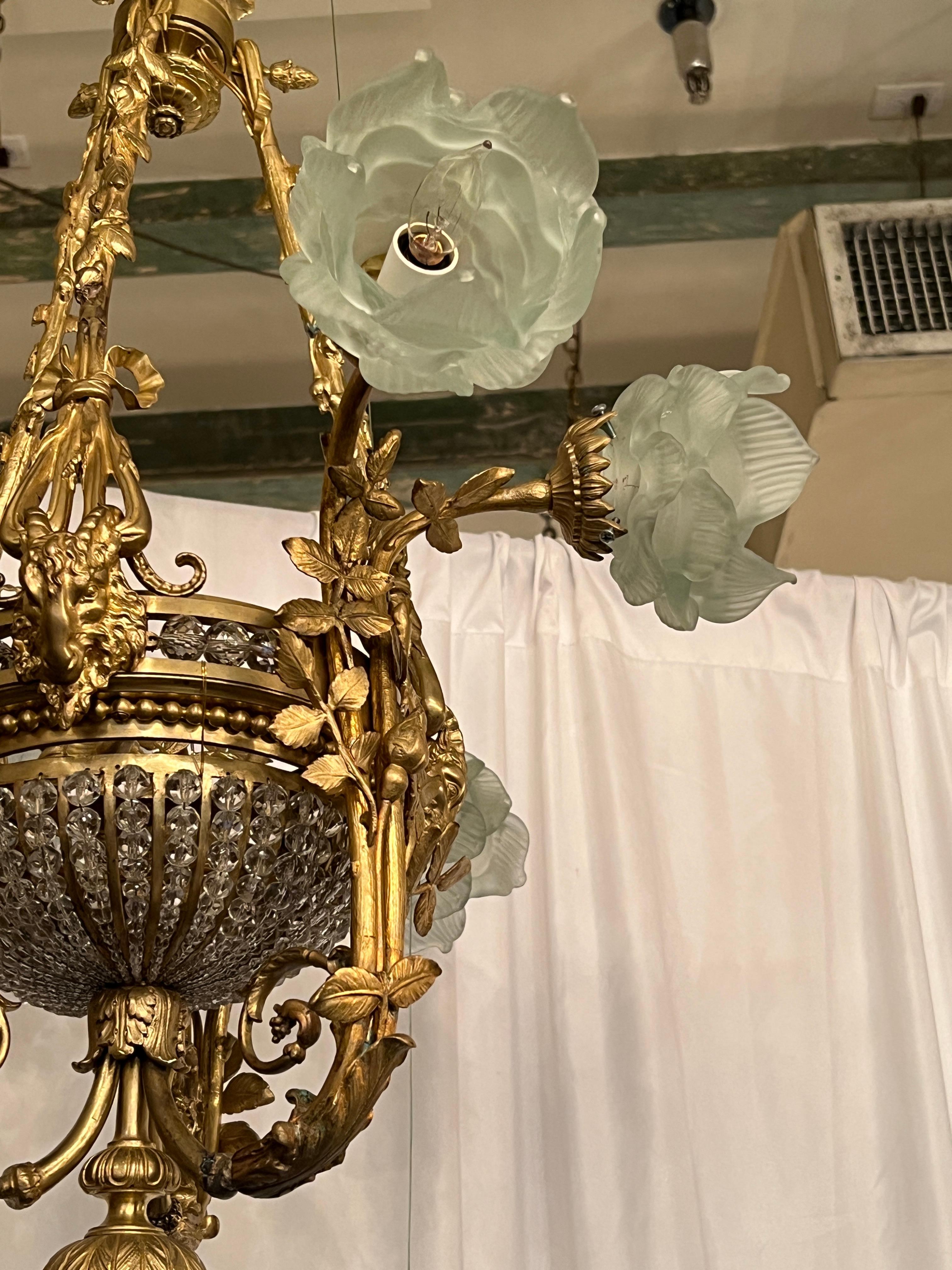 Antique French Empress Eugenie Style Gold Bronze 6 Light Chandelier, Circa 1910. For Sale 2