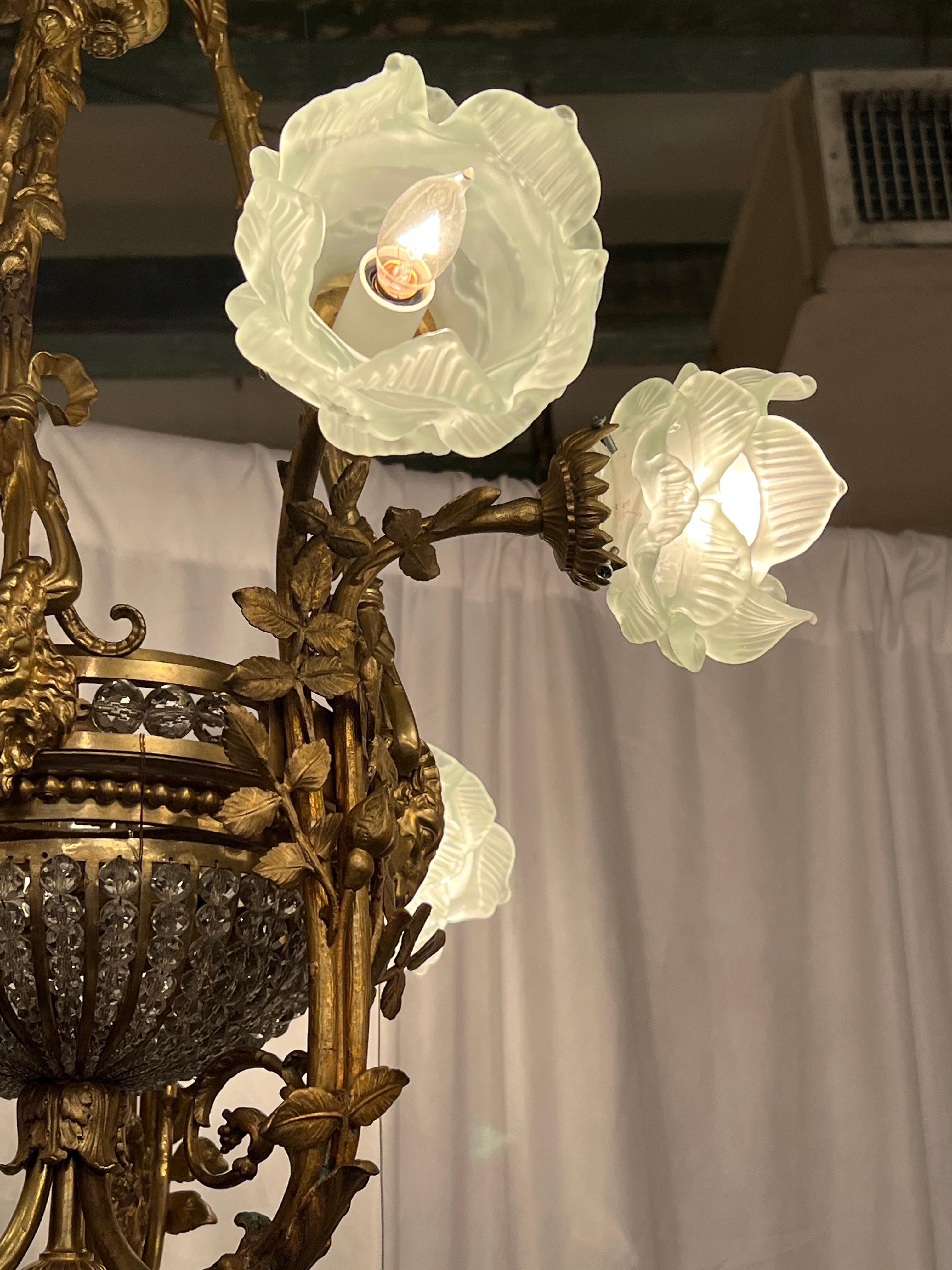 Antique French Empress Eugenie Style Gold Bronze 6 Light Chandelier, Circa 1910. For Sale 3