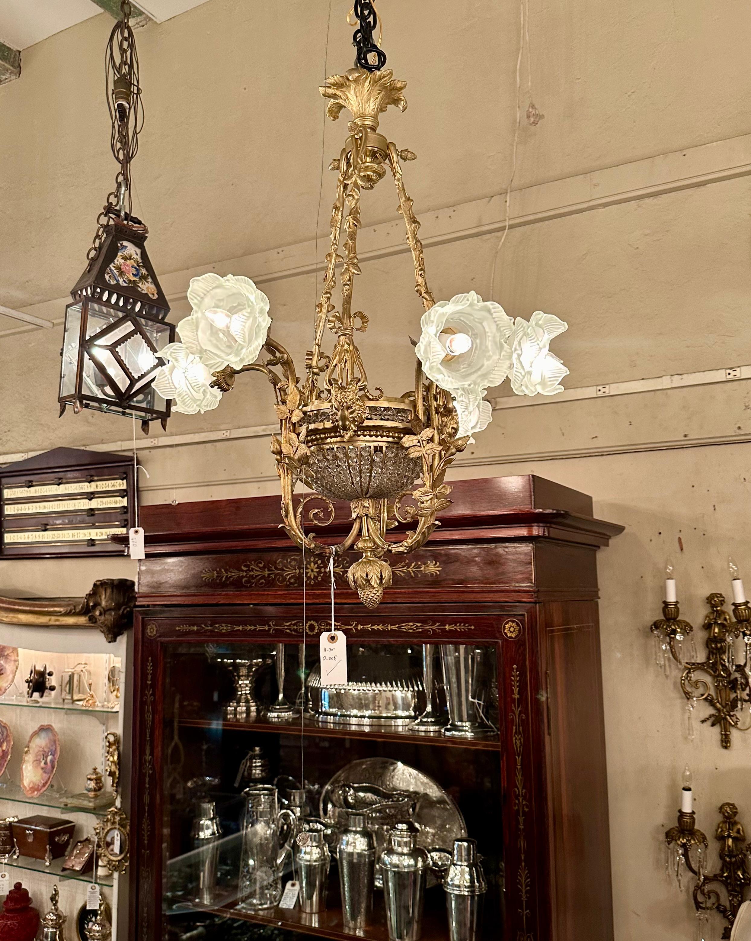 Antique French Empress Eugenie Style Gold Bronze 6 Light Chandelier, Circa 1910. For Sale 4