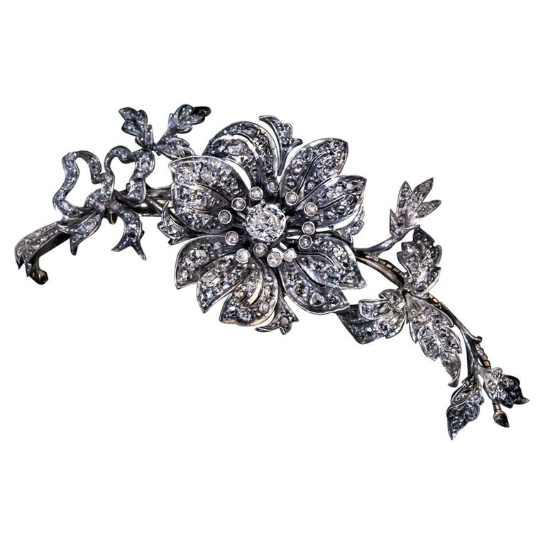 Antique French En Tremblant Diamond Flower Brooch For Sale