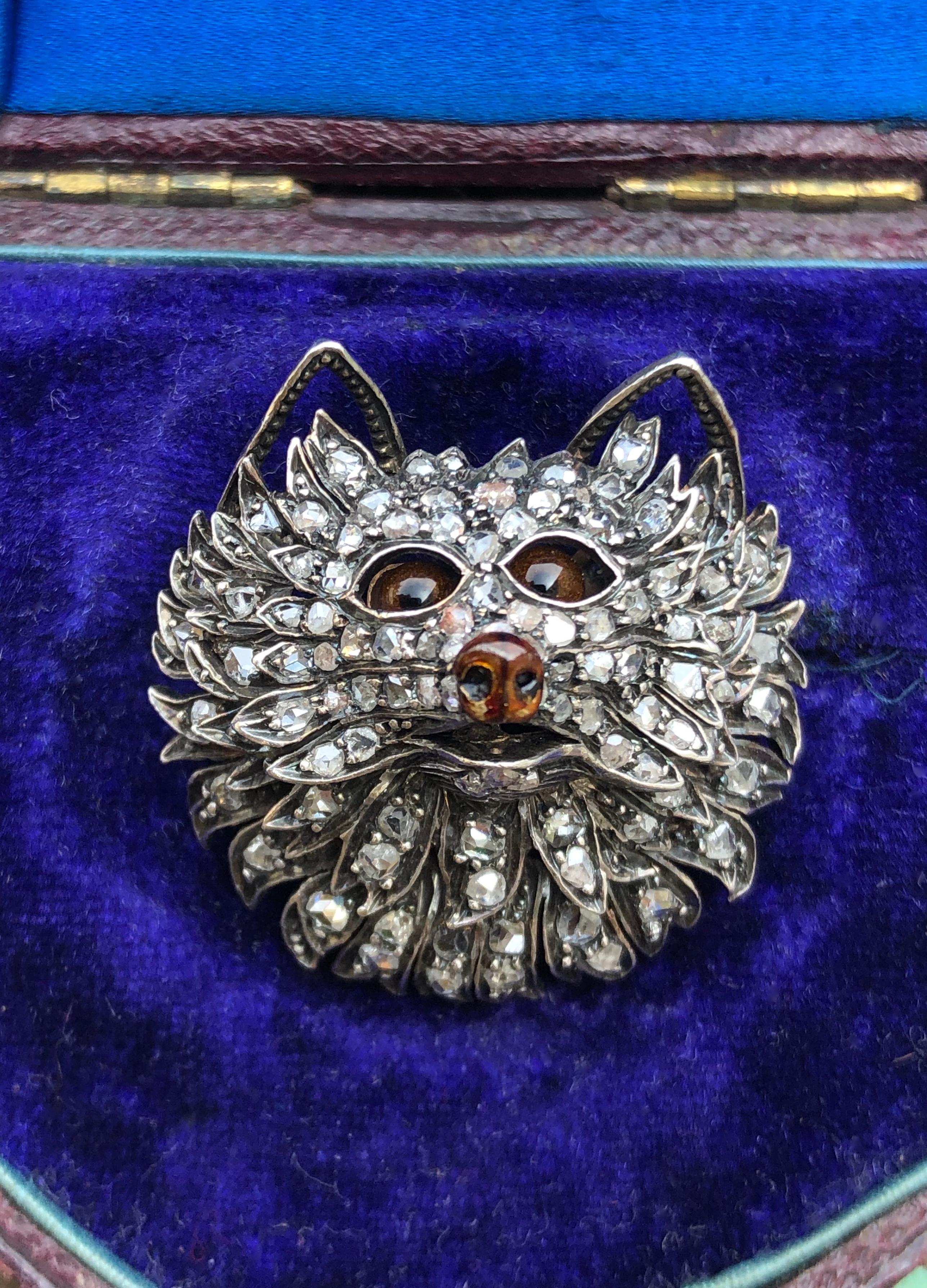 Women's or Men's Antique French Enamel and Diamond Fox or Dog Head Brooch - c1880 For Sale