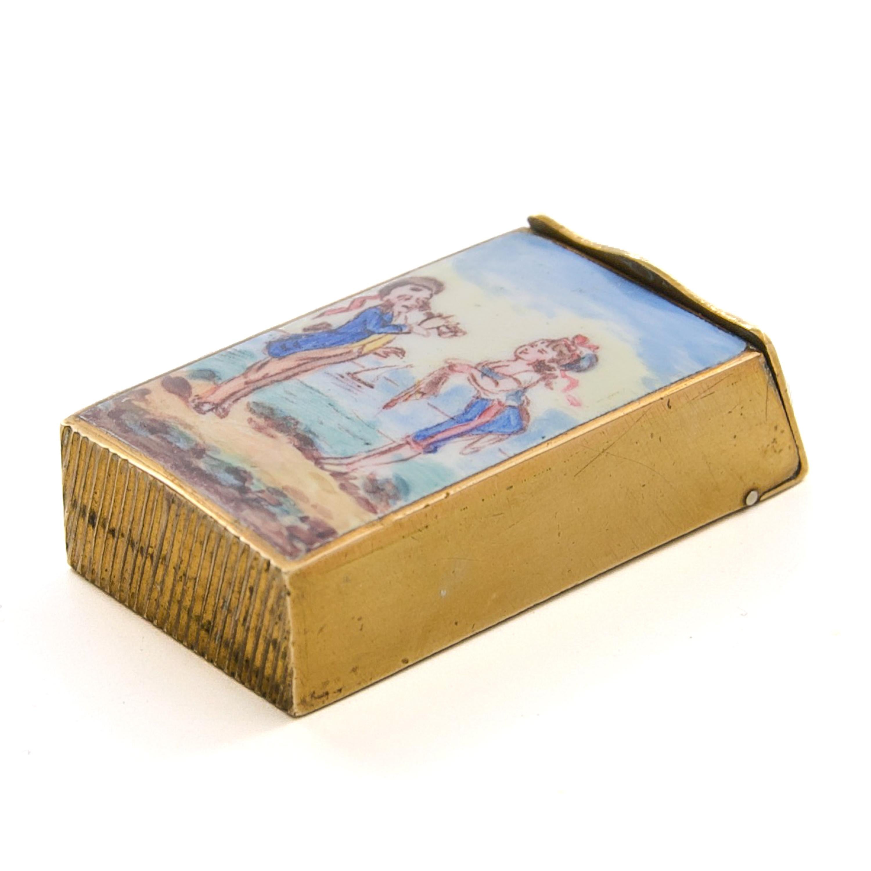 Late Victorian Antique French Enamel and Gilt Brass Vesta Case, circa 1880 For Sale