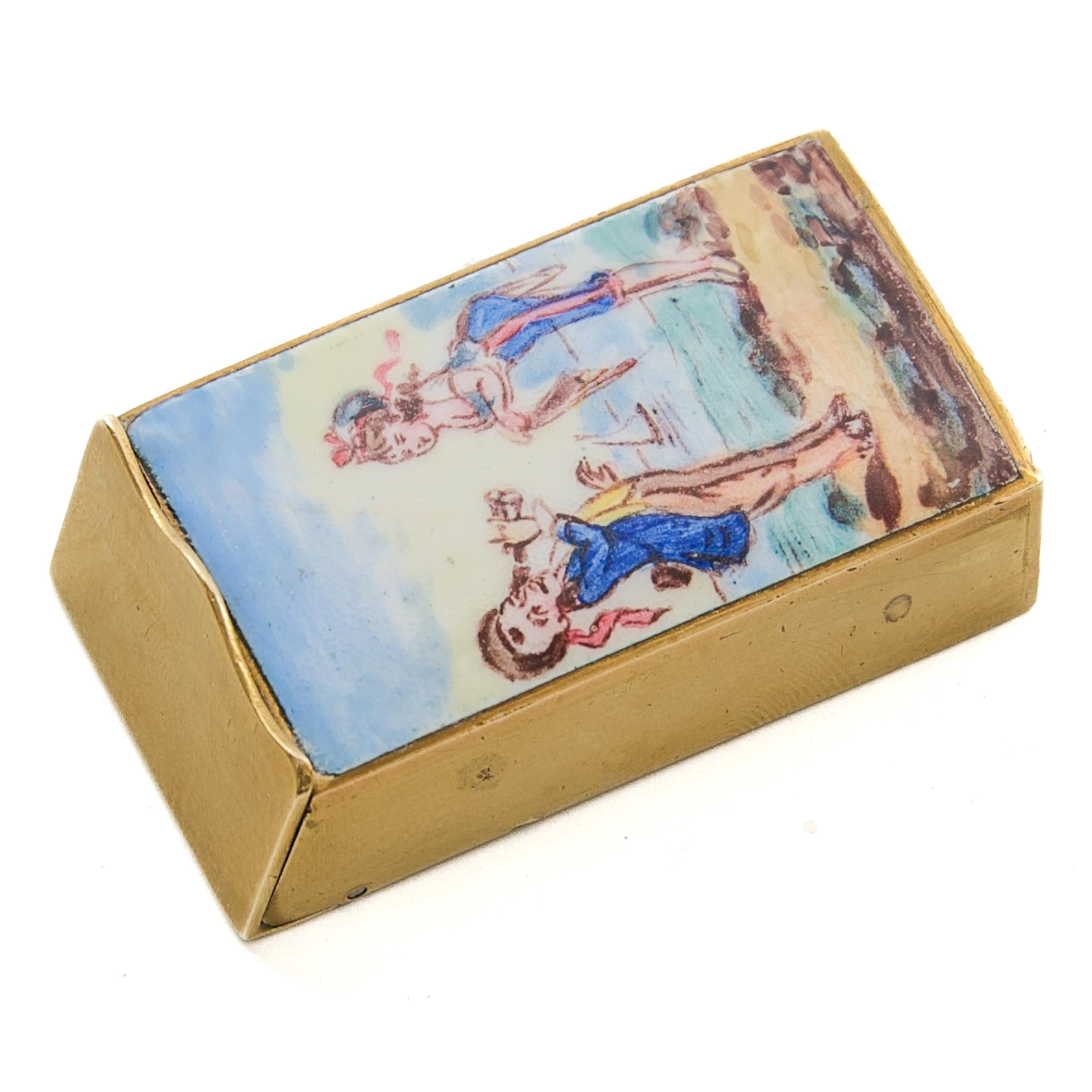 Women's or Men's Antique French Enamel and Gilt Brass Vesta Case, circa 1880 For Sale