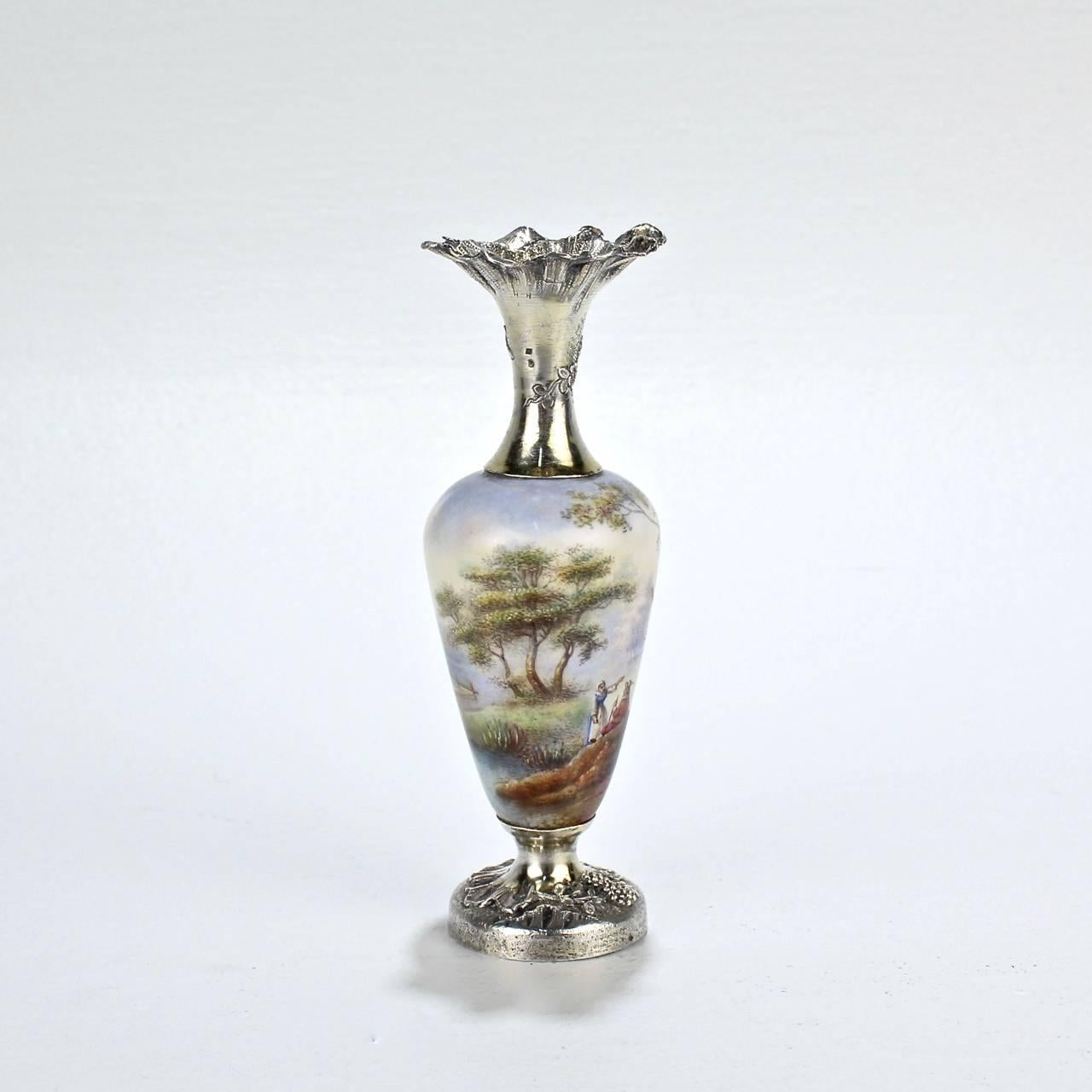 Belle Époque Antique French Enamel and Sterling Silver Miniature Cabinet Vase For Sale