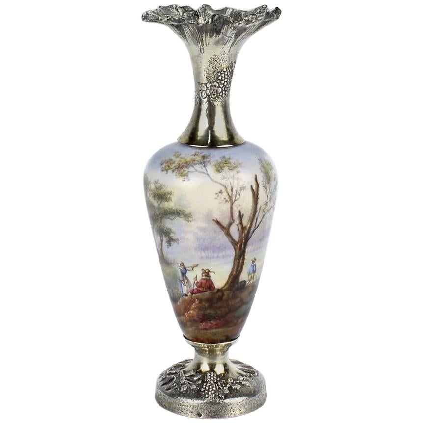 Vase de cabinet miniature ancien en émail français et en argent sterling