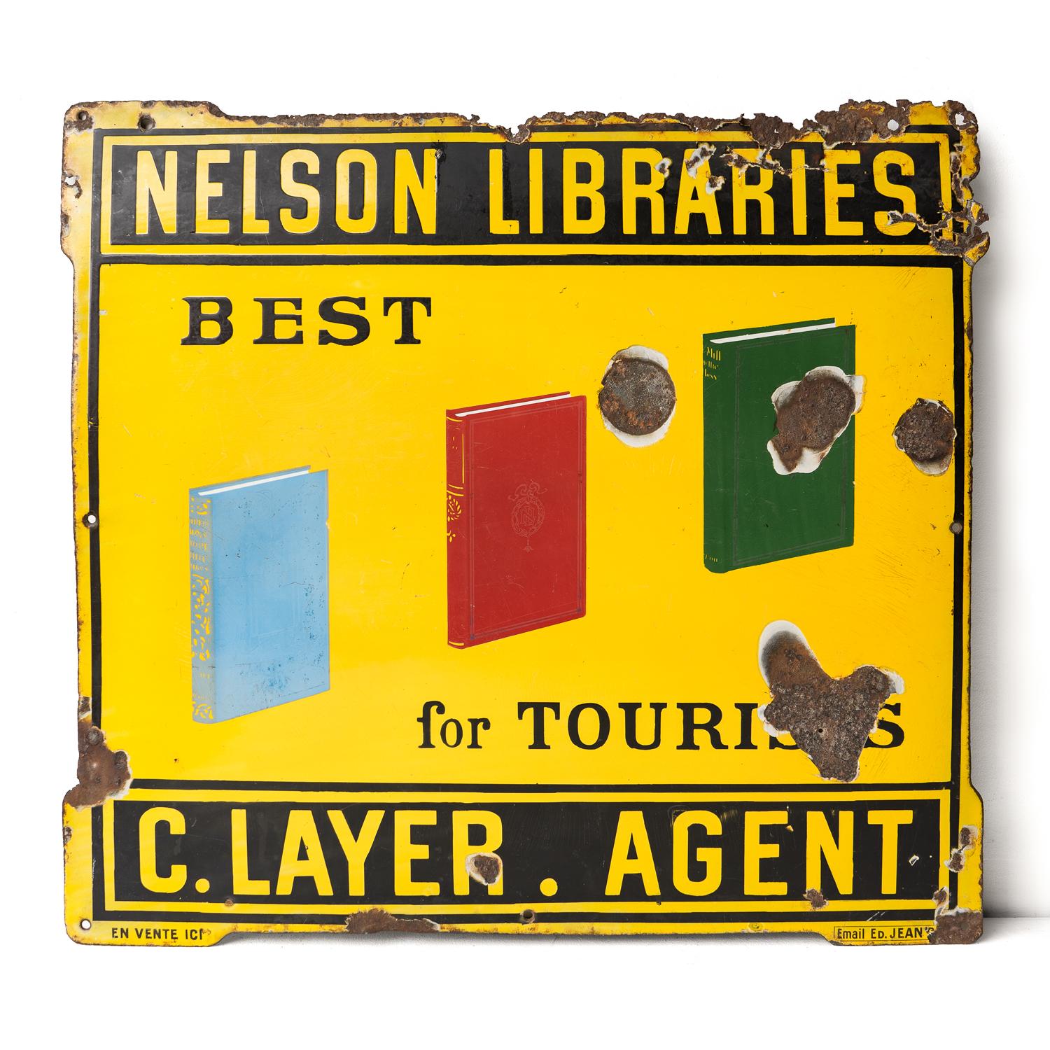 Enamel Advertising Sign 

An art deco stepped shape with a vibrant canary yellow background and three books in different colours are illustrated on the central panel with embossed decoration.

The black and yellow script reads ‘Nelson Libraries,