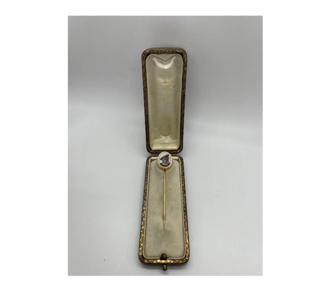 Old European Cut  Antique French Enamel Diamond Stick Pin with Box For Sale