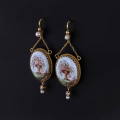 Antique French Enamel Flower Earrings of 18k Gold