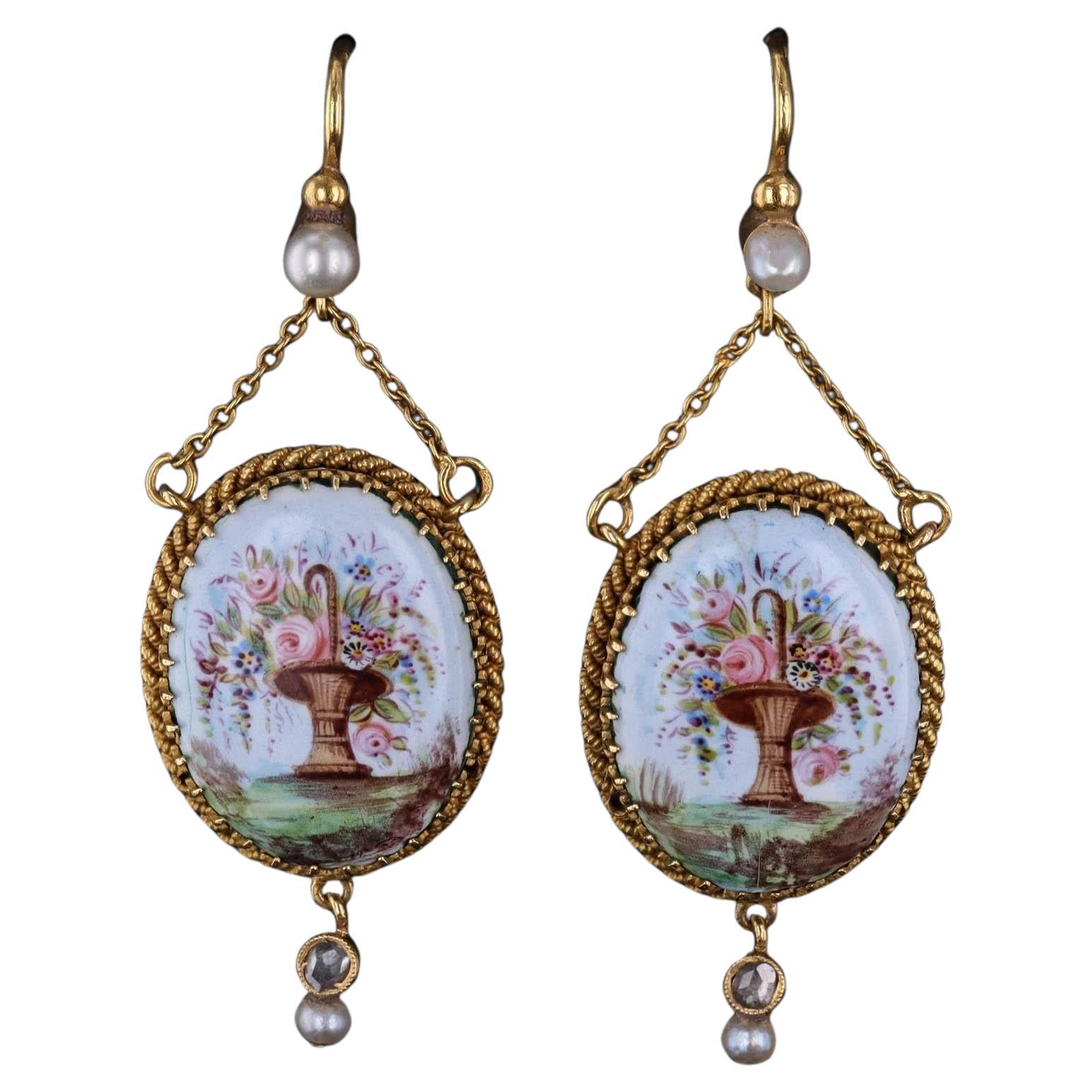 Antique French Enamel Flower Earrings of 18k Gold