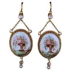 Antique French Enamel Flower Earrings of 18k Gold