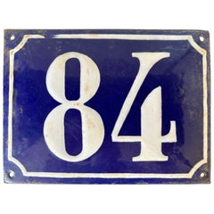 Antike französische Emaille-Hausnummern-Plakette mit blauer und weißer Emaille