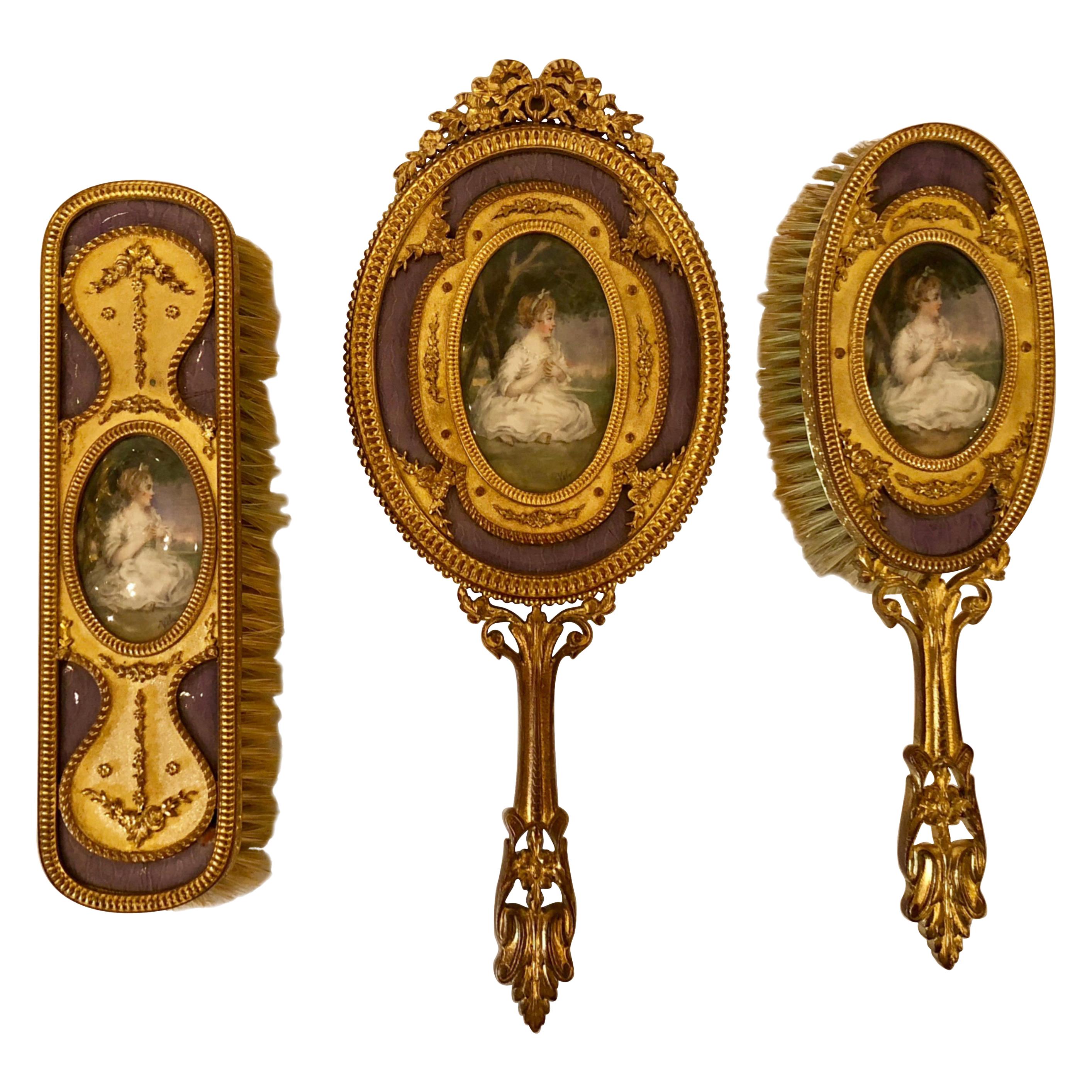 Antique French Enamel Ormolu Bronze Dresser Set with Portrait Miniatures