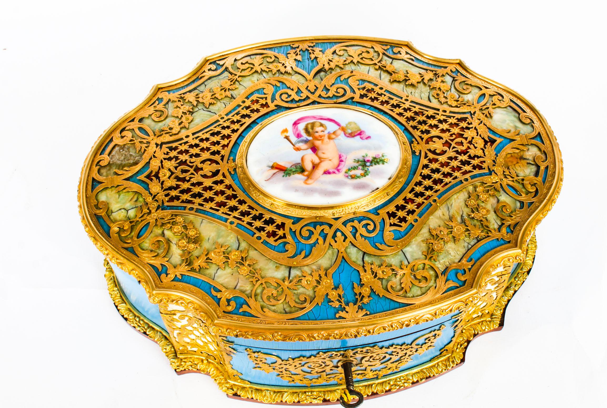 Hand-Painted Antique French Enamel Ormolu and Mother of Pearl Jewelry Casket, 19th Century