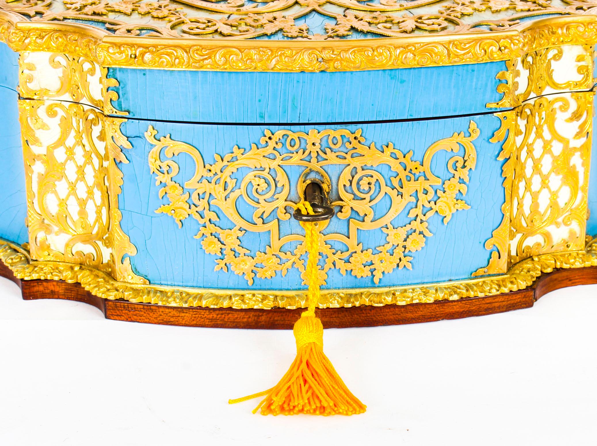 Mid-19th Century Antique French Enamel Ormolu and Mother of Pearl Jewelry Casket, 19th Century