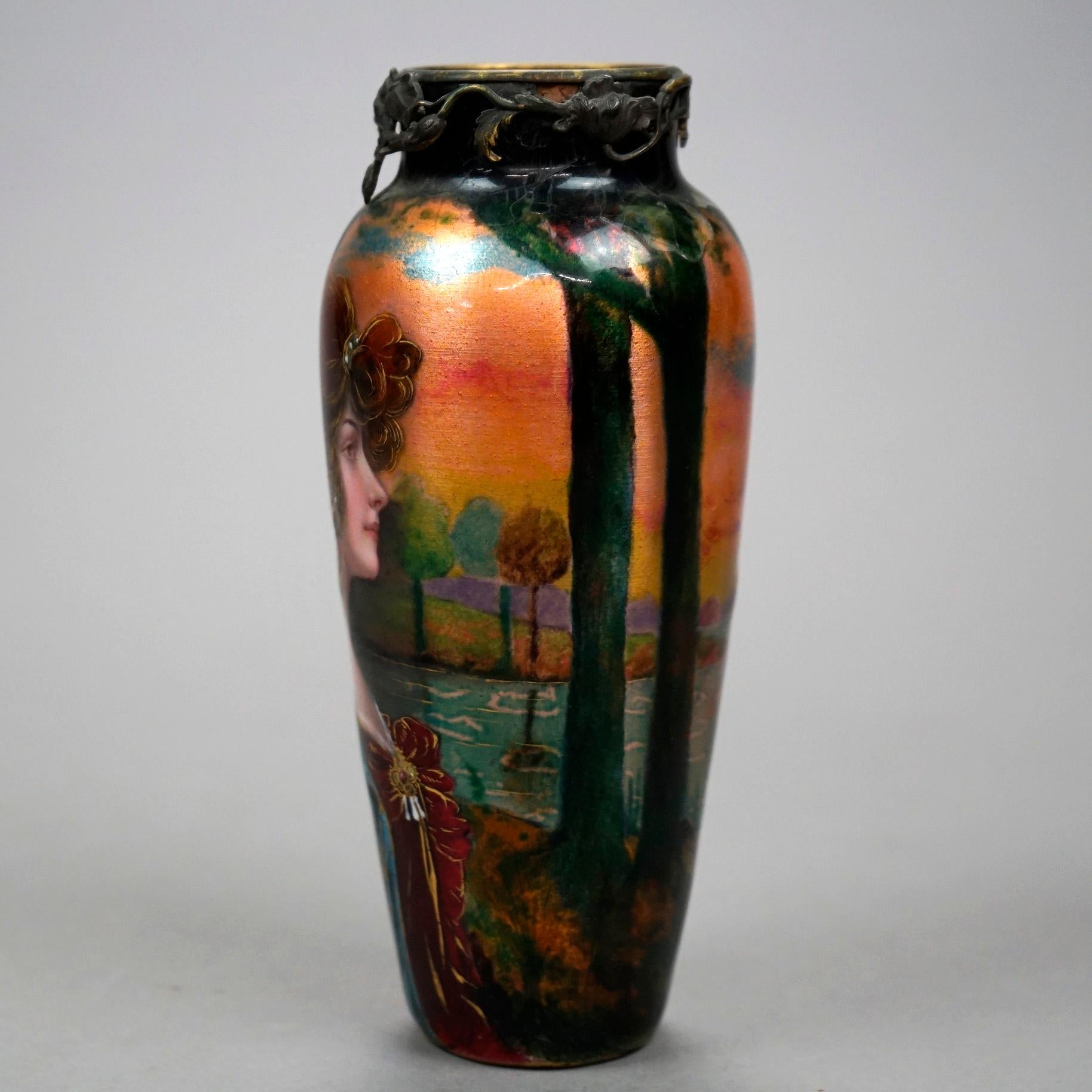 Antique French Enamel Over Copper Portrait Vase & Bronze Mounts, Signed, 19th C In Good Condition In Big Flats, NY
