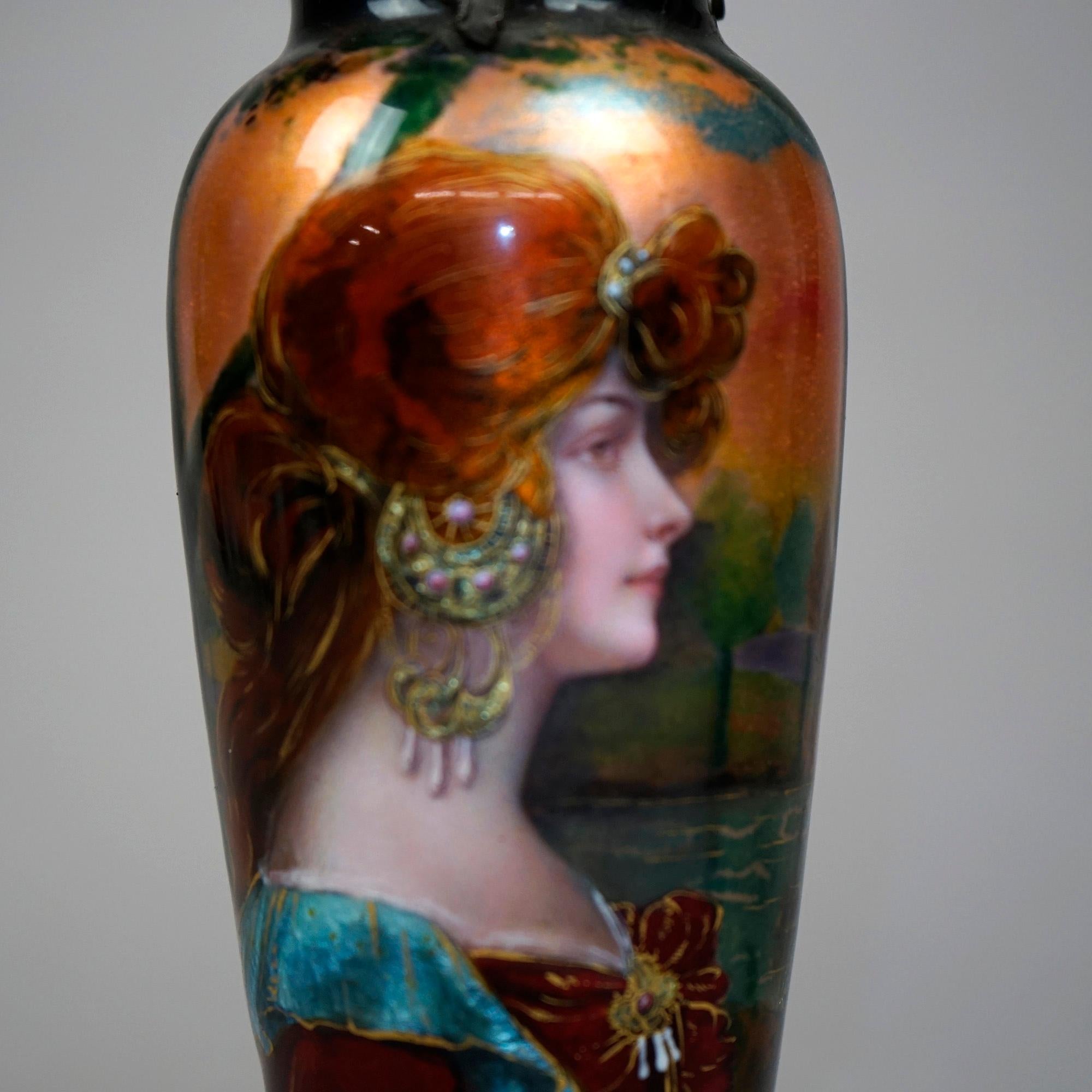 Antique French Enamel Over Copper Portrait Vase & Bronze Mounts, Signed, 19th C 4