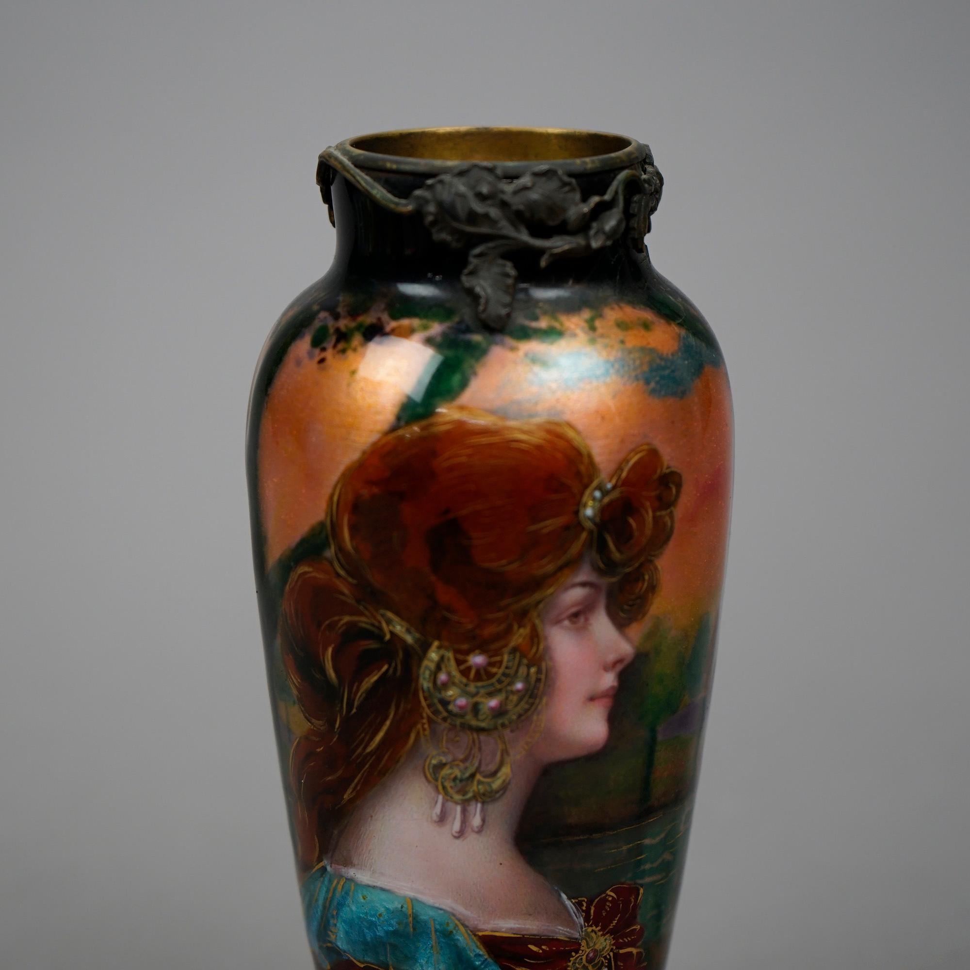 Antique French Enamel Over Copper Portrait Vase & Bronze Mounts, Signed, 19th C 5