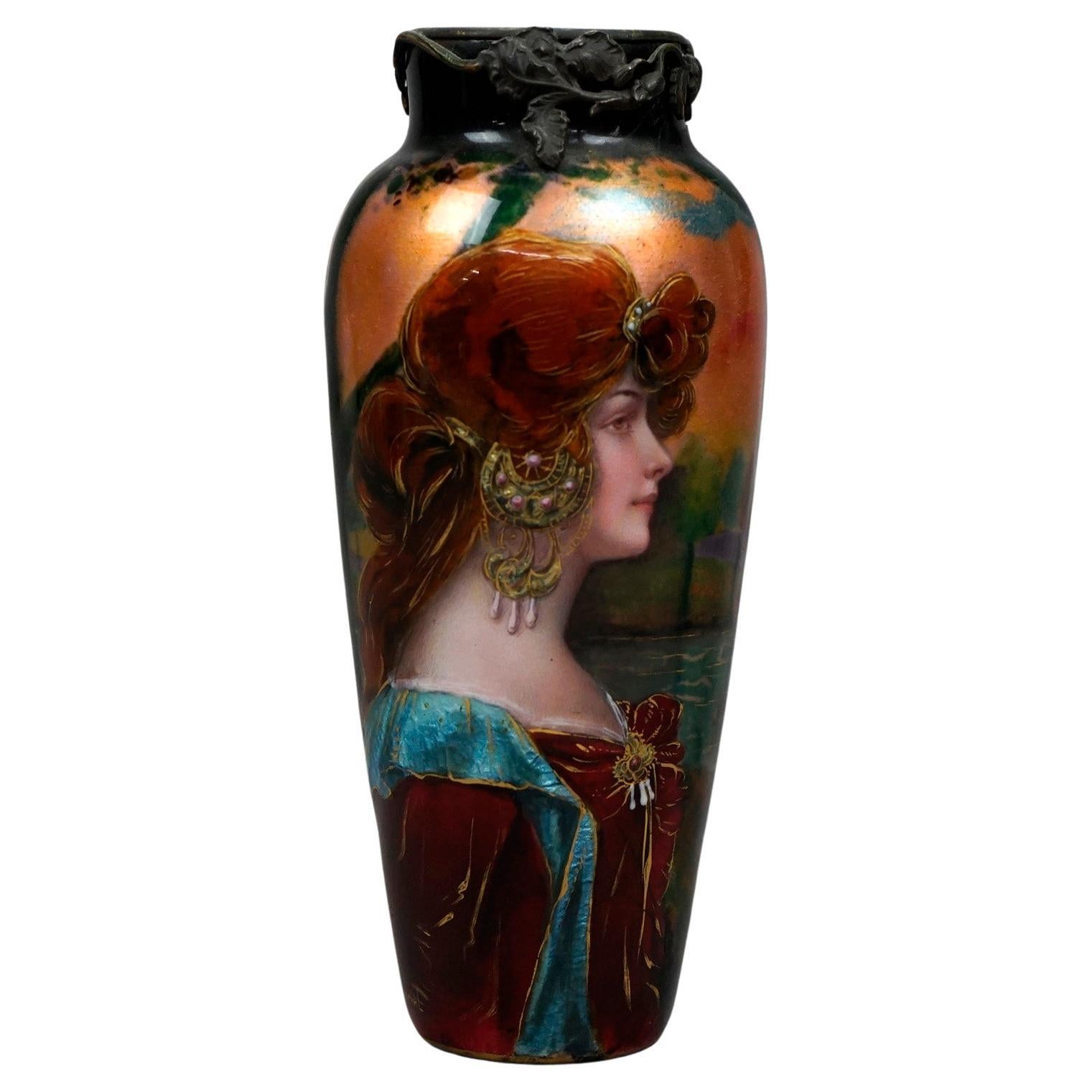 Antique French Enamel Over Copper Portrait Vase & Bronze Mounts, Signed, 19th C