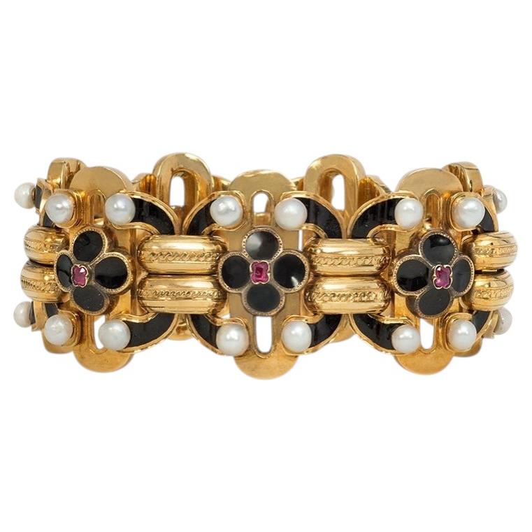 Antique French enamel, pearl and ruby bracelet, France For Sale