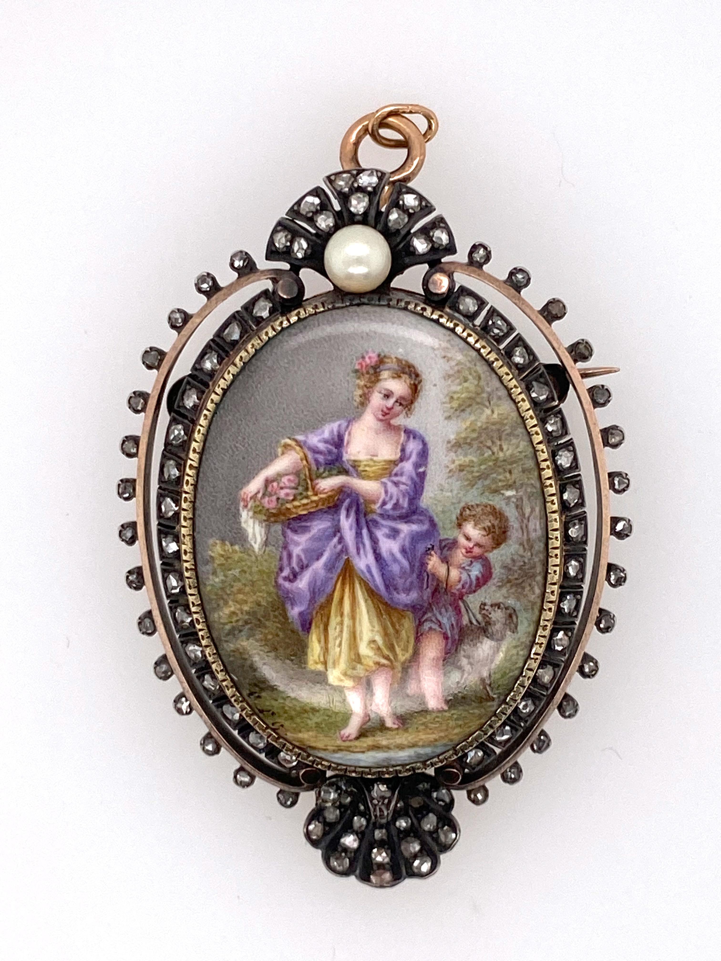 Victorien Antique médaillon broche-pendentif français représentant une scène en émail et diamants taille rose en vente