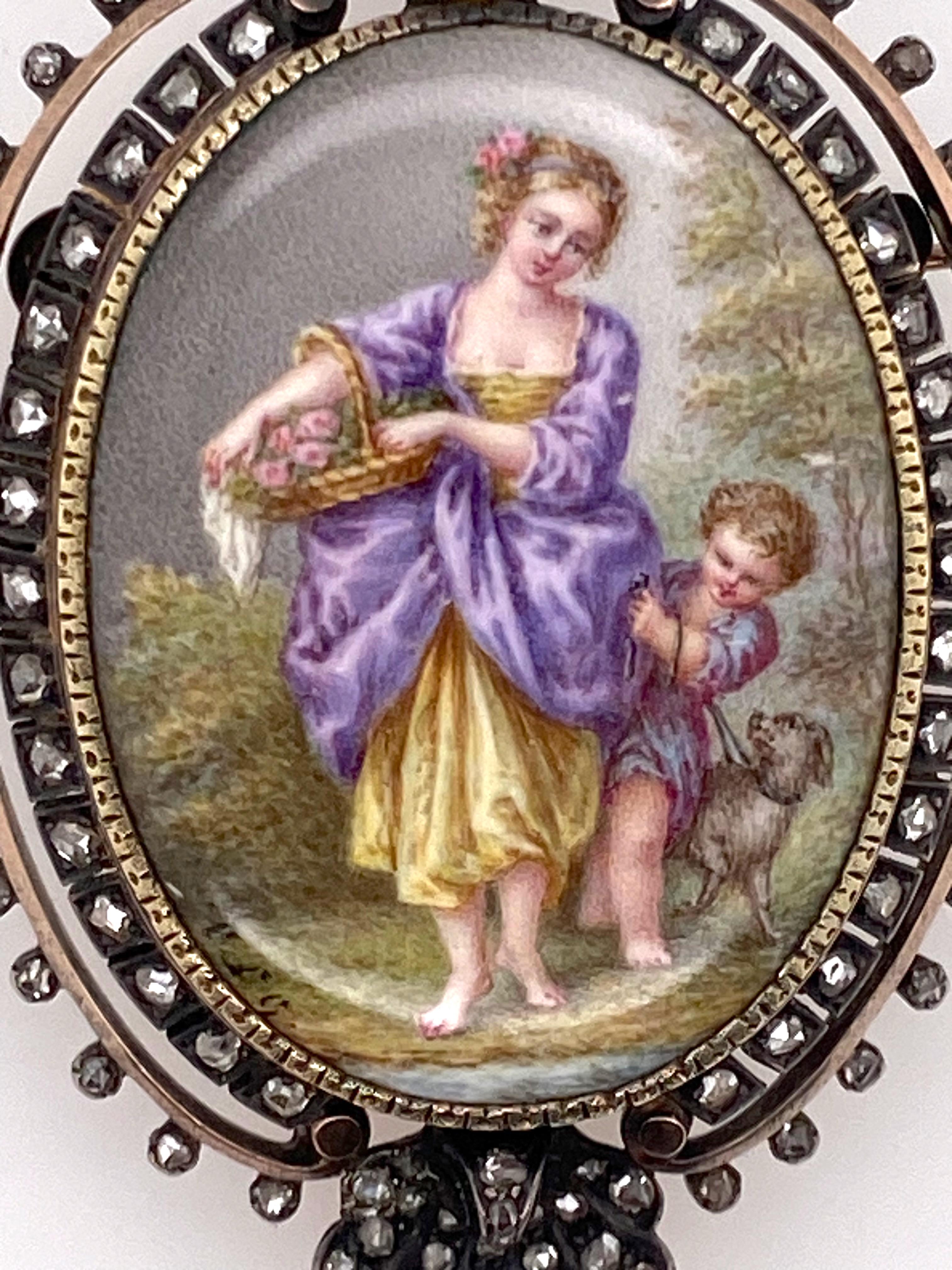 Antique médaillon broche-pendentif français représentant une scène en émail et diamants taille rose Excellent état - En vente à New York, NY