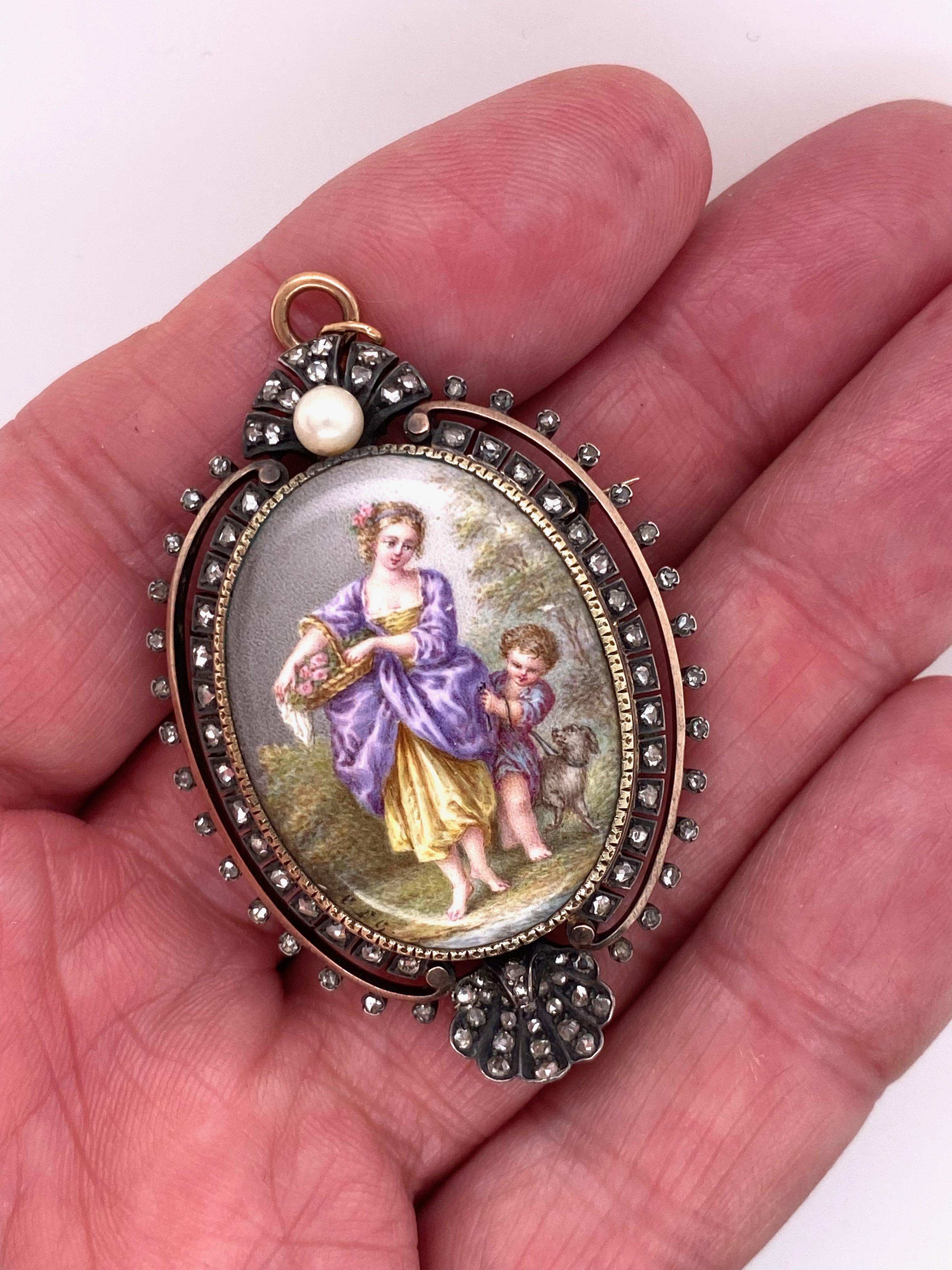 Antique médaillon broche-pendentif français représentant une scène en émail et diamants taille rose en vente 2