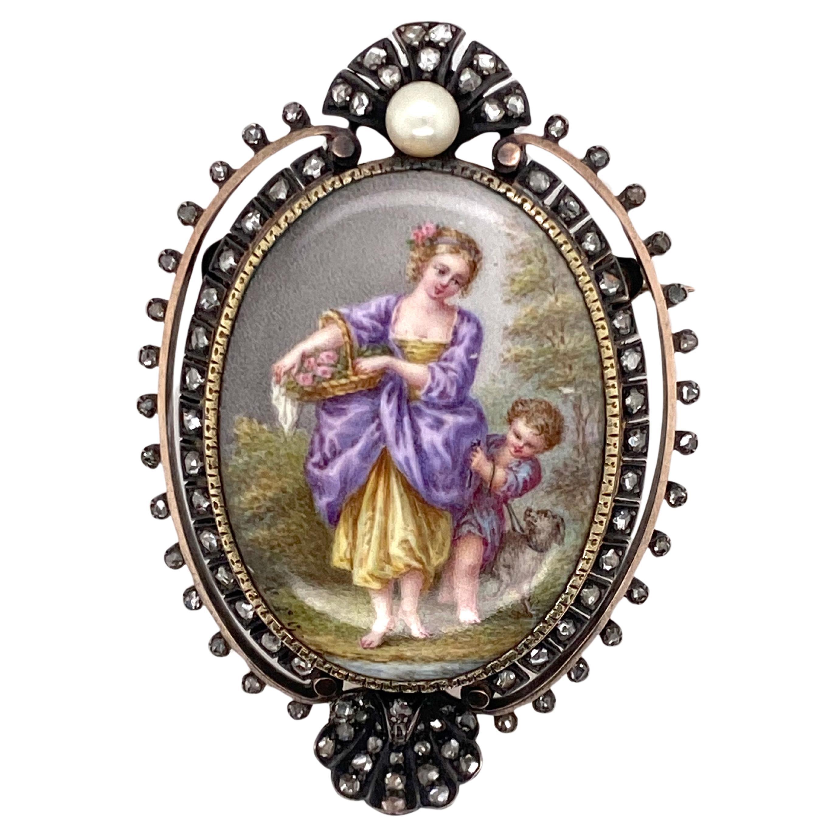 Antique French Enamel Scene Rose Cut Diamond Pendant Broche Locket