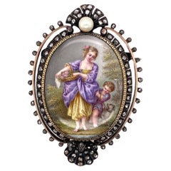 Antique médaillon broche-pendentif français représentant une scène en émail et diamants taille rose