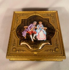 Antique French Enamel Signed Garnet Gilt Bronze Table Jewelry Box