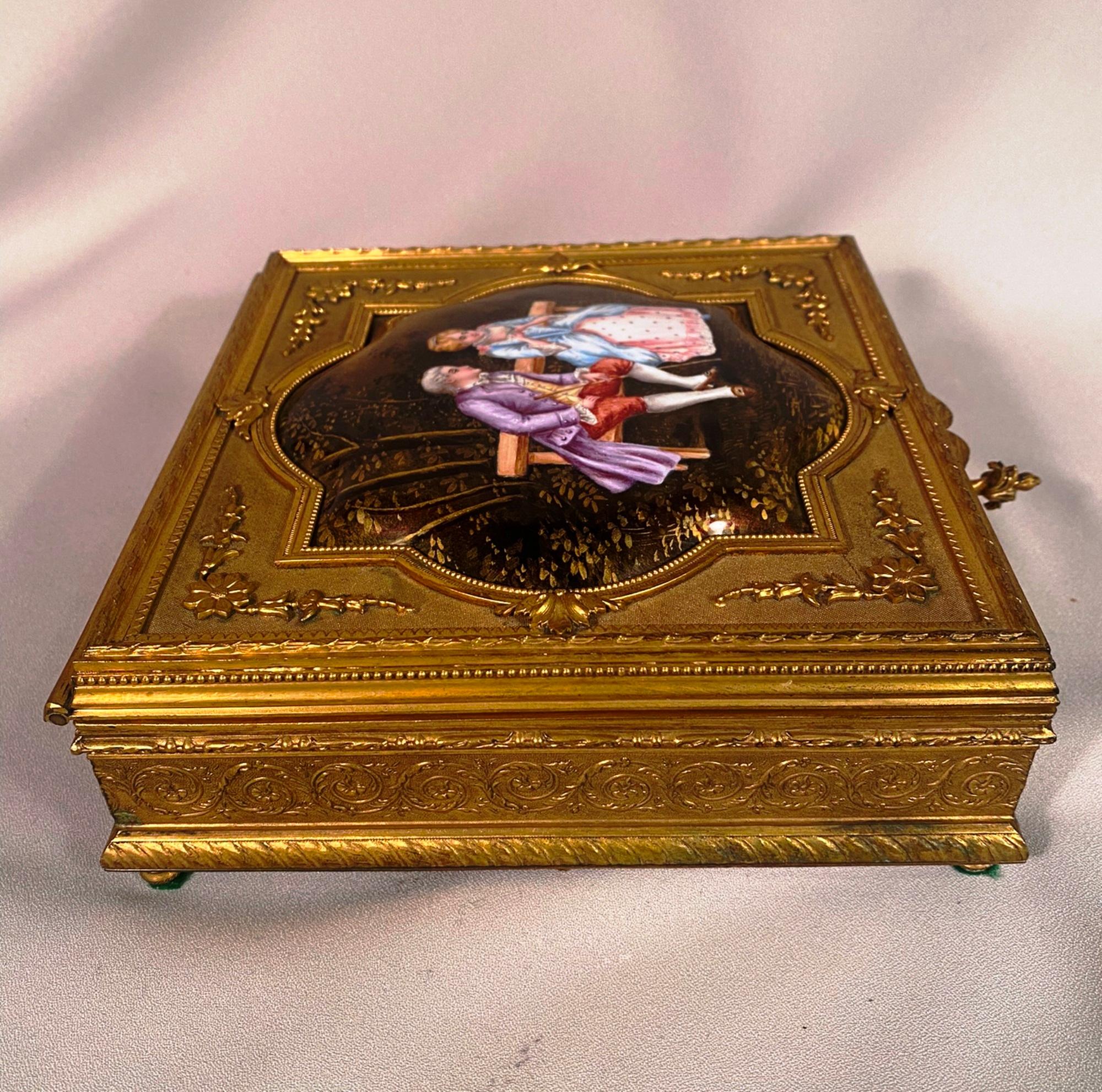 Antique French Enamel Signed Garnet Gilt Bronze Table Jewelry Box For Sale 2