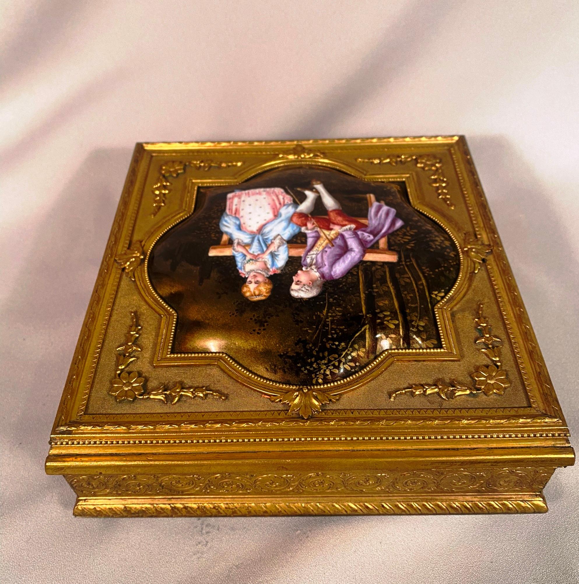 Antique French Enamel Signed Garnet Gilt Bronze Table Jewelry Box For Sale 3