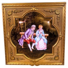 Antique French Enamel Signed Garnet Gilt Bronze Table Jewelry Box