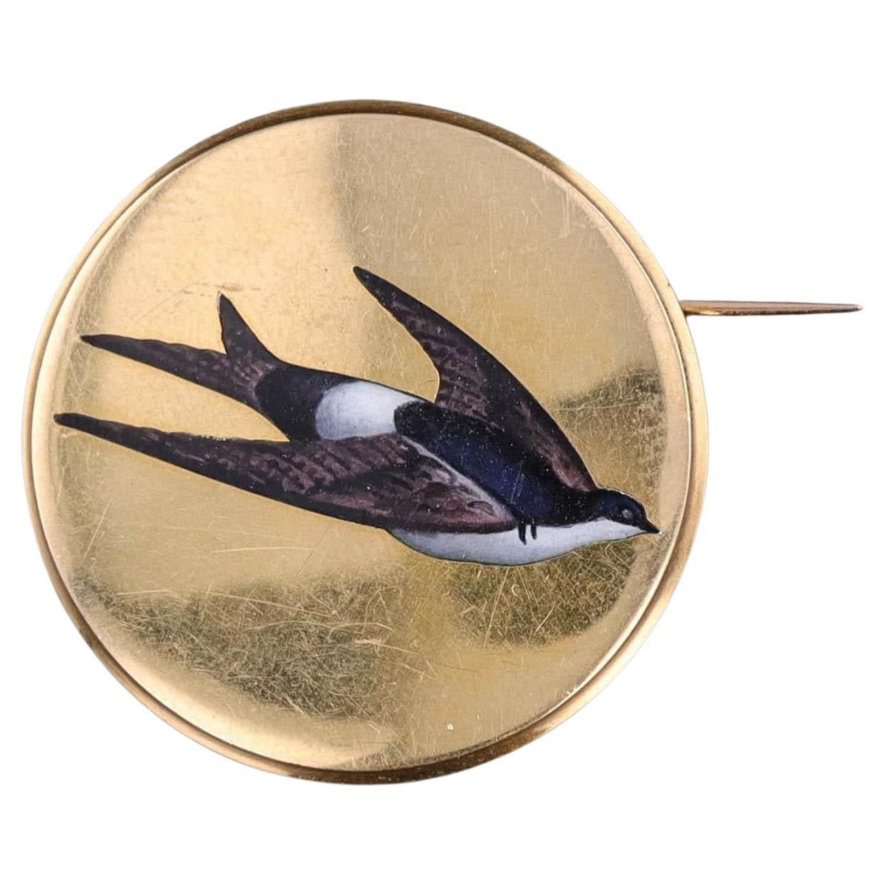 Antique French Enamel Swallow Brooch of 18k Gold
