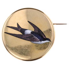 Antique French Enamel Swallow Brooch of 18k Gold