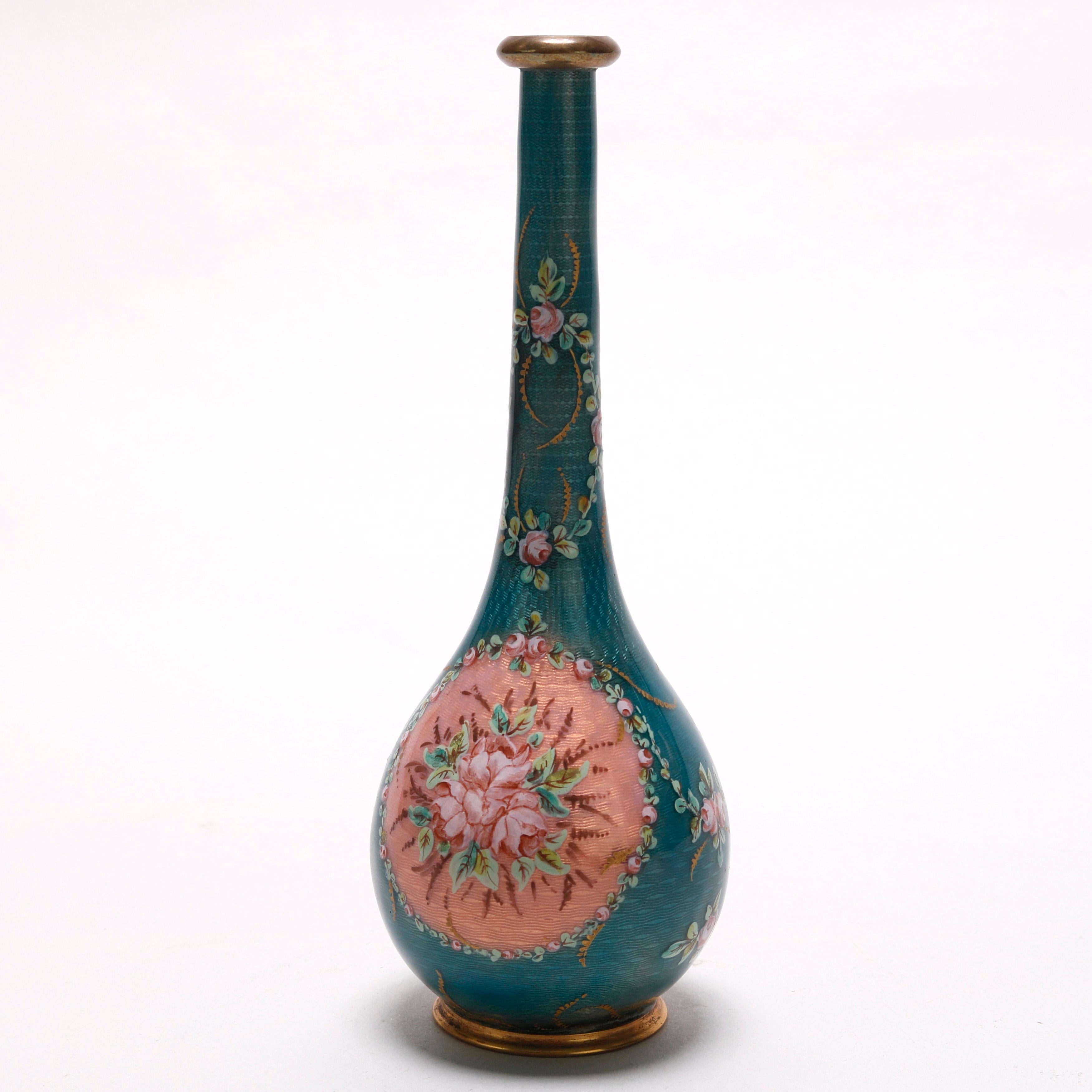 Hand-Painted Antique French Enameled Guilloche Bronze Floral Vase, circa 1900