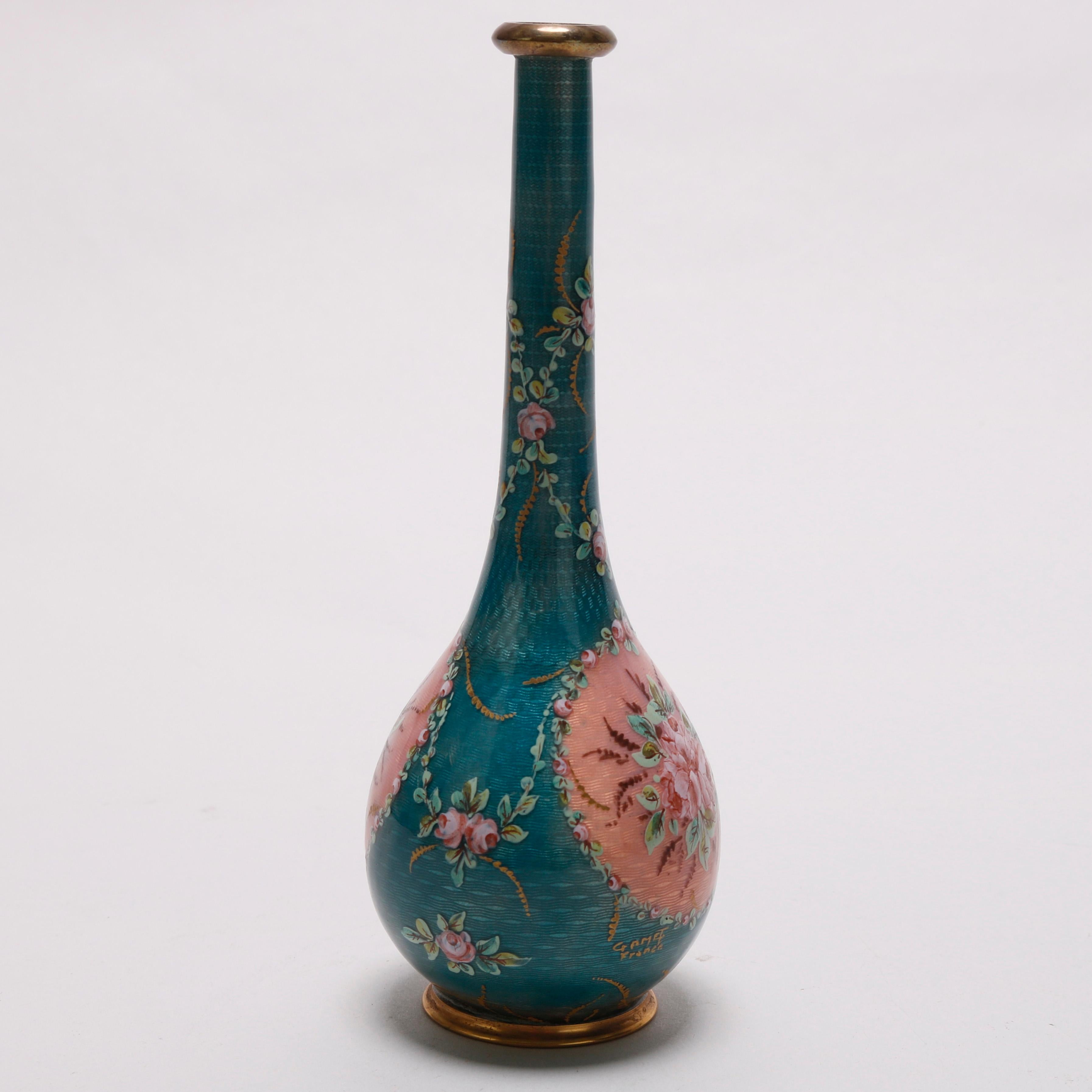 Antique French Enameled Guilloche Bronze Floral Vase, circa 1900 In Good Condition In Big Flats, NY