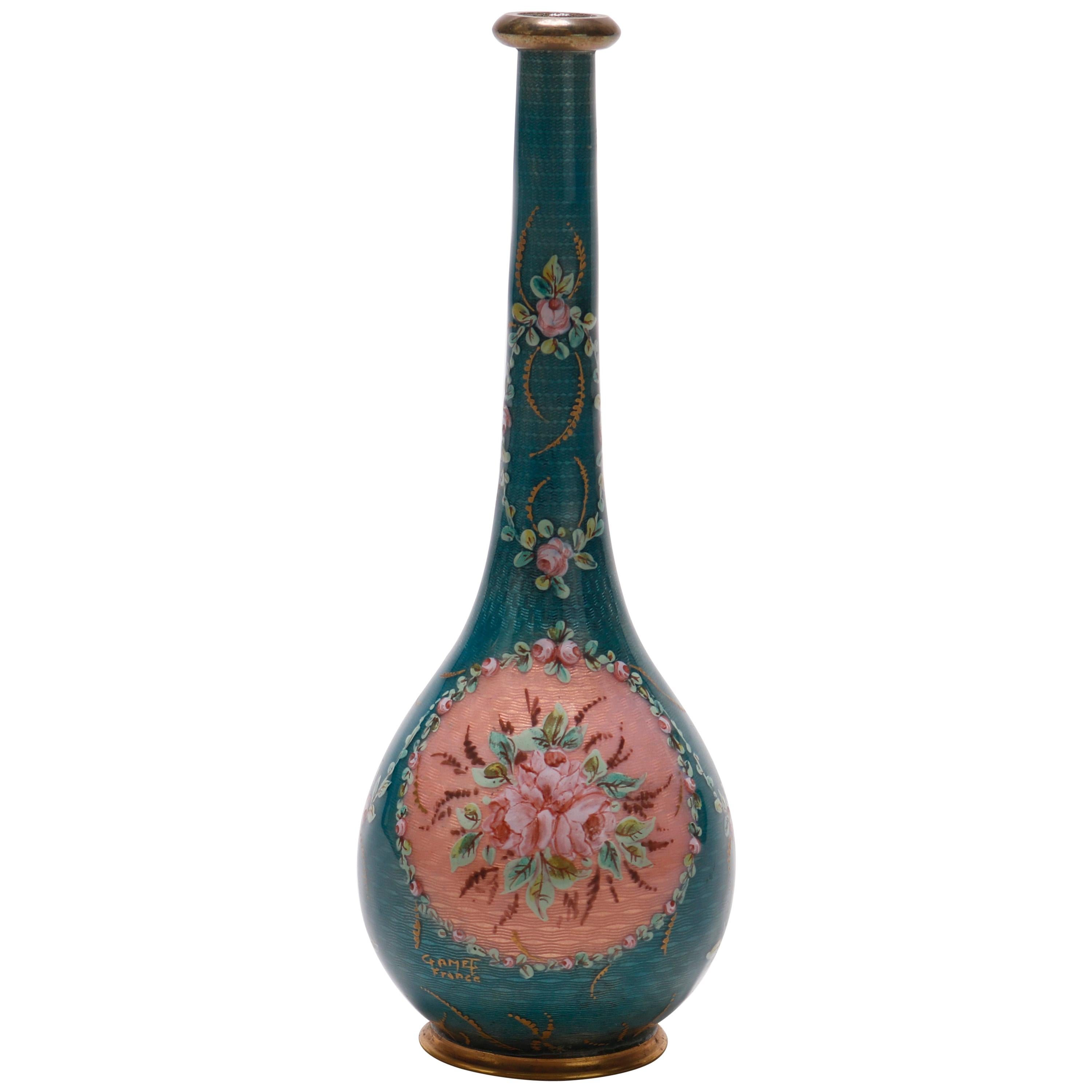 Antique French Enameled Guilloche Bronze Floral Vase, circa 1900