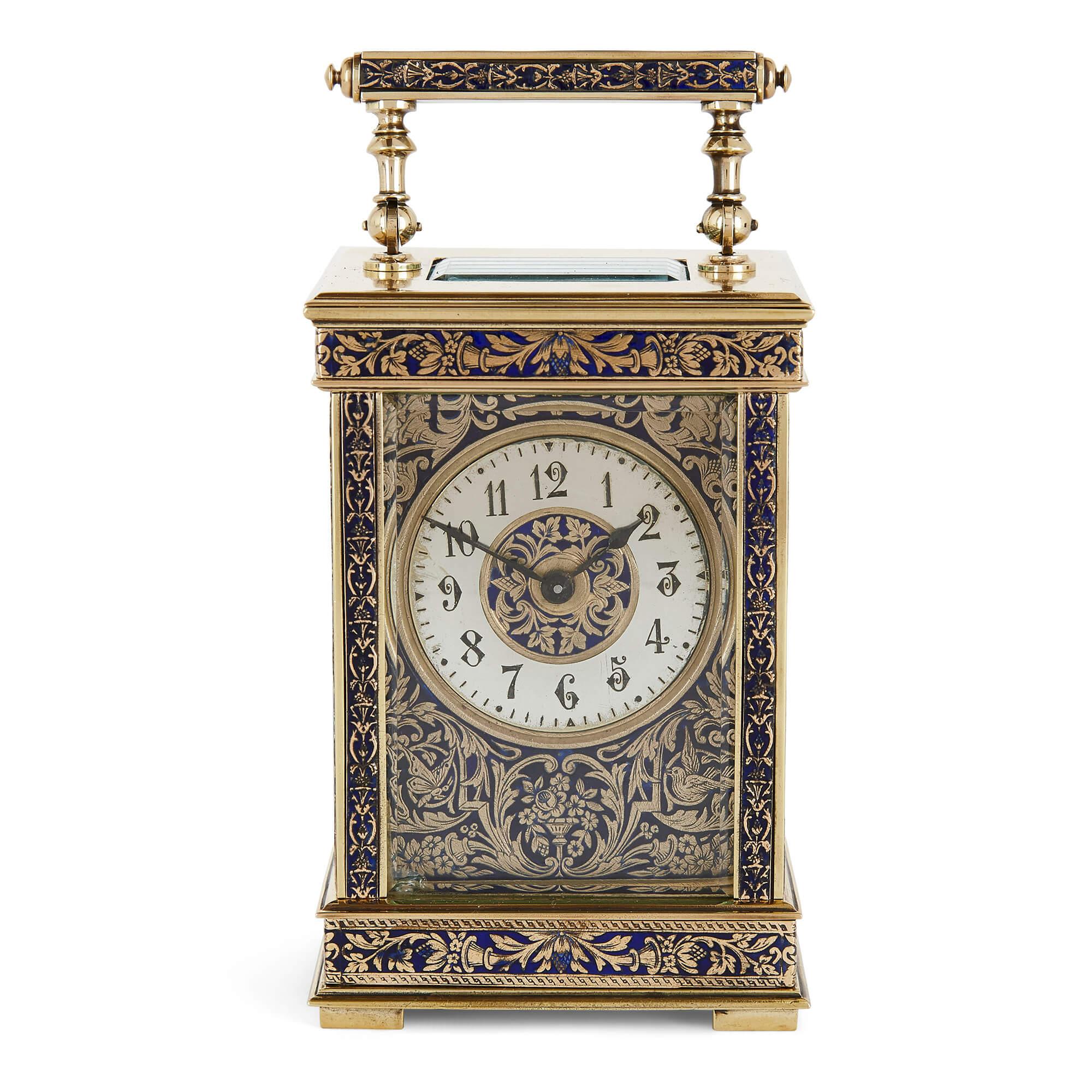 Antique French enamelled and engraved brass carriage clock
French, late 19th century
Measures: Clock: Height 12cm, width 8cm, depth 7cm
Case: Height 15cm, width 11cm, depth 9cm

This beautiful French carriage clock features a brass frame that