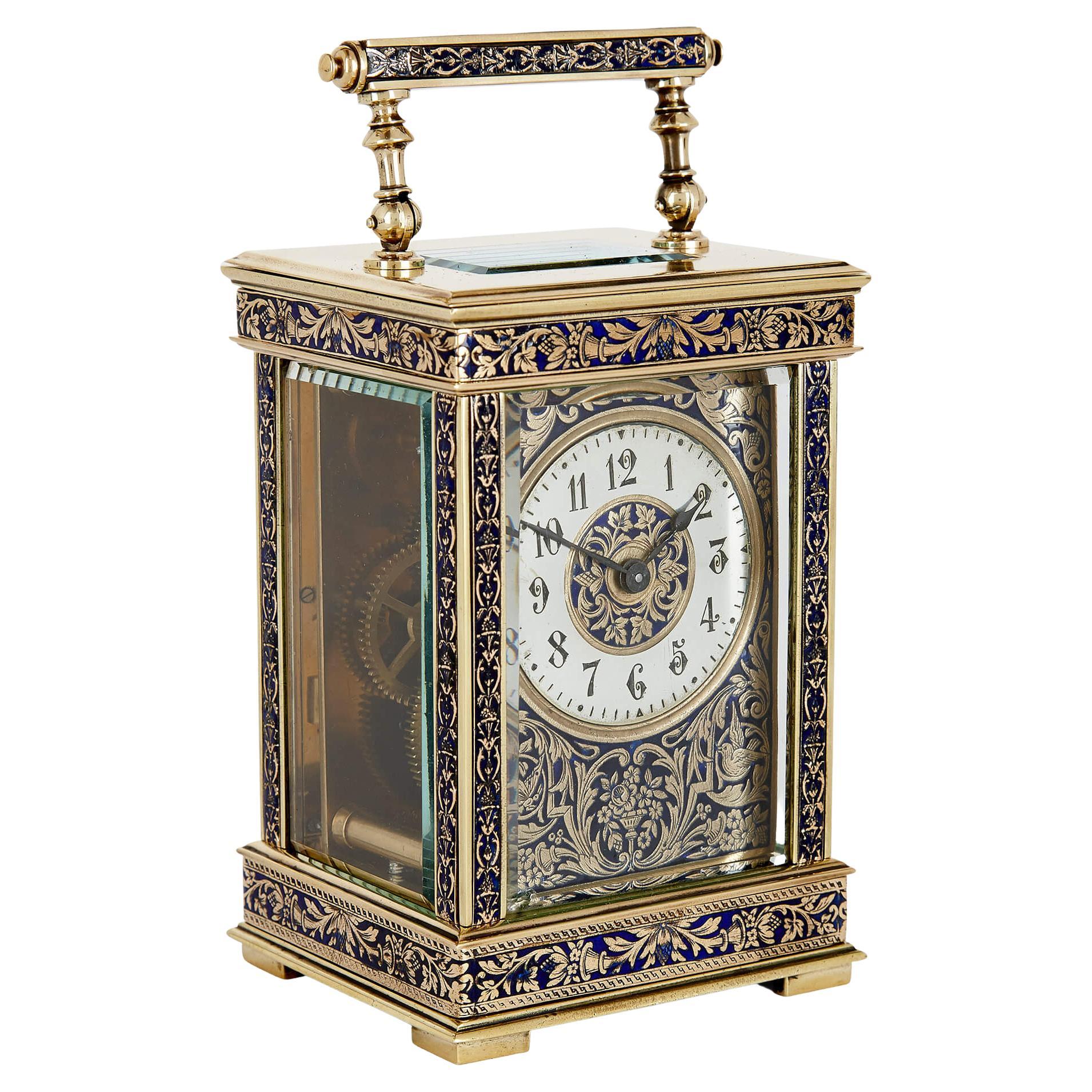 Antique French Enamelled and Engraved Brass Carriage Clock