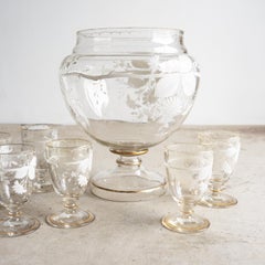 Antique French Enamelled Glass Punch Bowl And Glasses Set, 19th Century